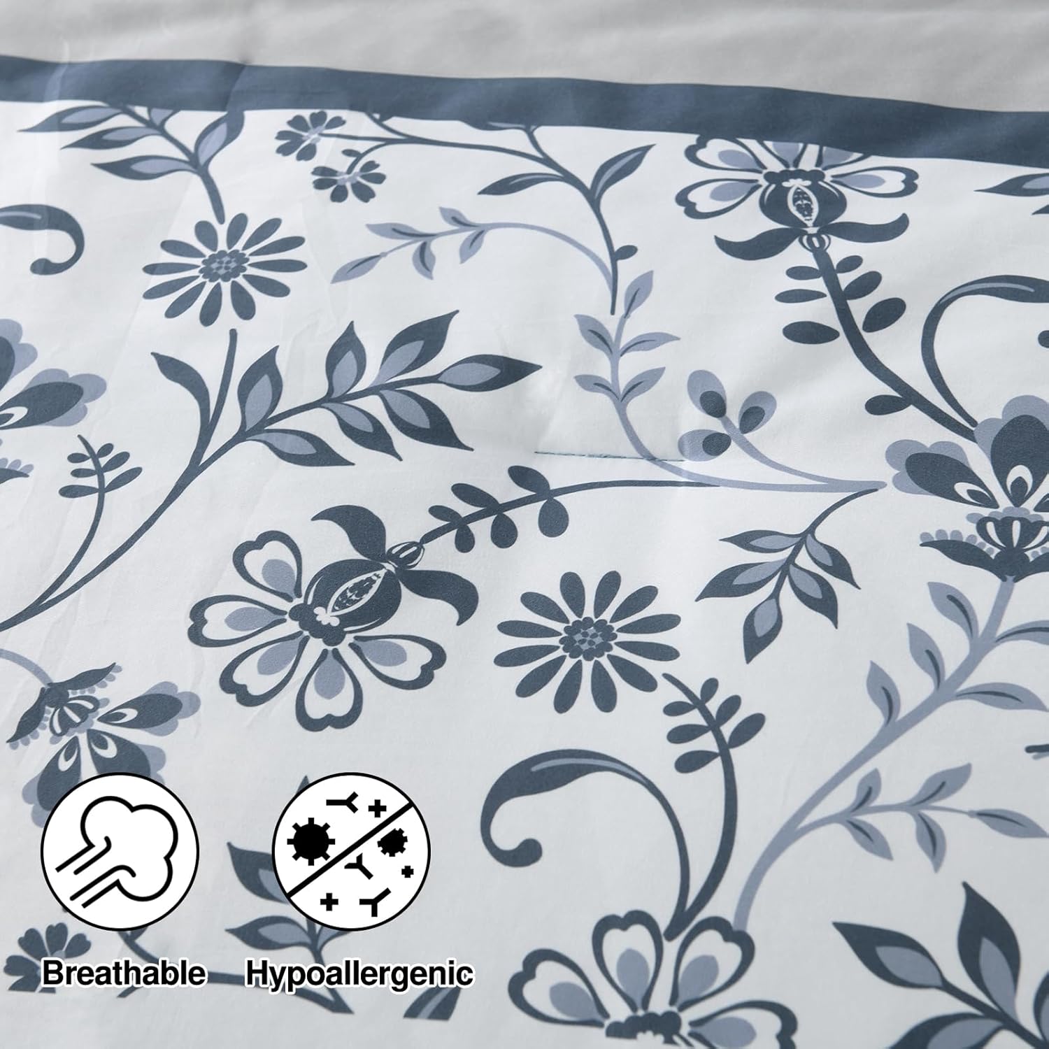 DDUOXIN Blue Queen Size Comforter Set - Boho Navy Striped Comforter Bedding Set, Floral Pattern Soft Duvet Insert, Reversible Skin Friendly Comforters with 2 Pillowshams, Blue/White