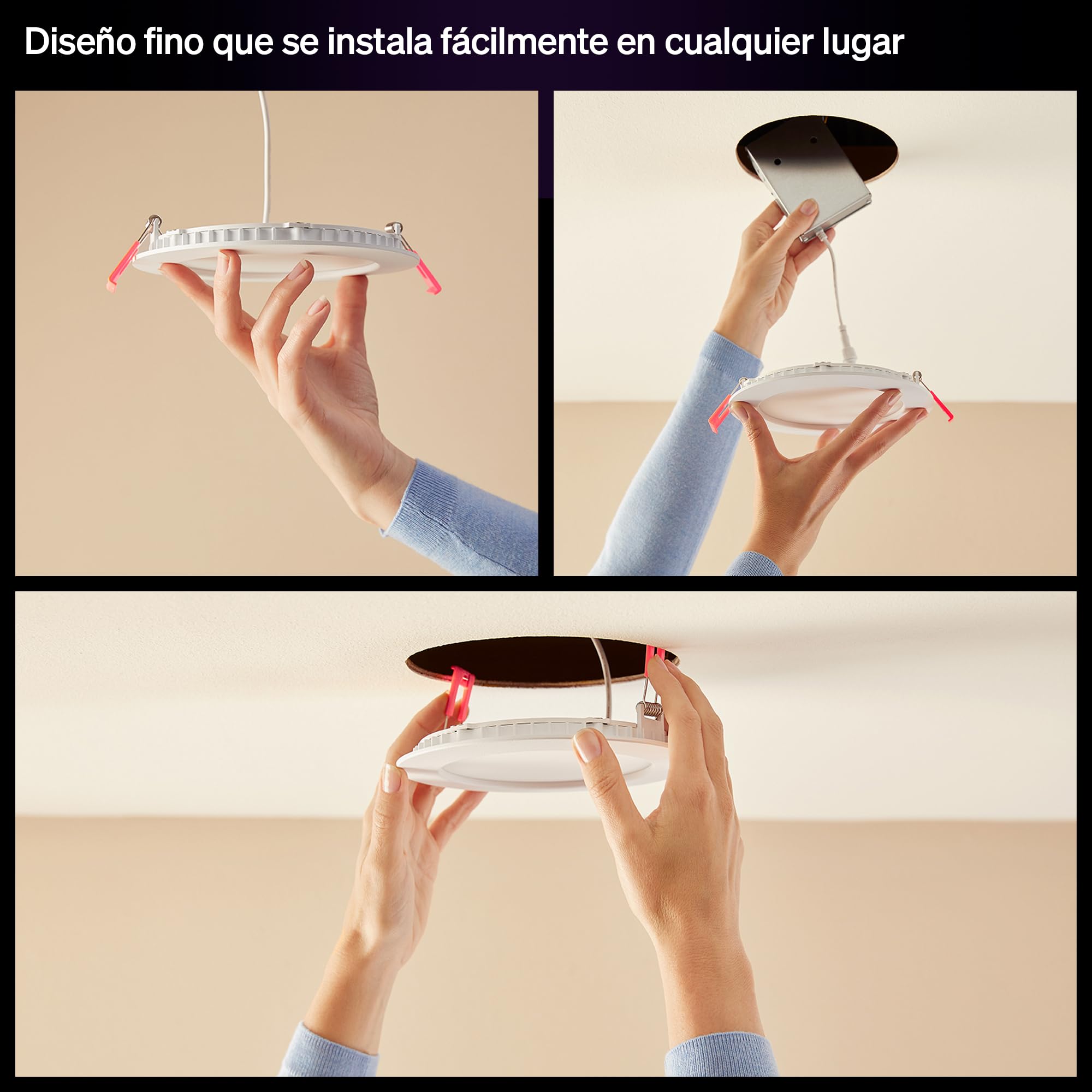 Philips Hue Slim Downlight, Plafón LED Empotrable, 1000 lm, 90 mm, Diseño Delgado, Espectro Luz de Día 1000K-20000K, Regulación Ultrabaja, Color Preciso, Iluminación Inteligente, Blanco, Pack de 3