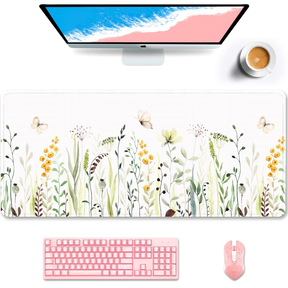 Auhoahsil Desk Pad, XXL Large Mouse Pad, Extended Gaming Mousepad, Cute Desk Mat for Women, Big Office Accessories Mouse Pad for Computer Keyboard and Laptop, 35.6" x 15.7", White Wildflower Butterfly
