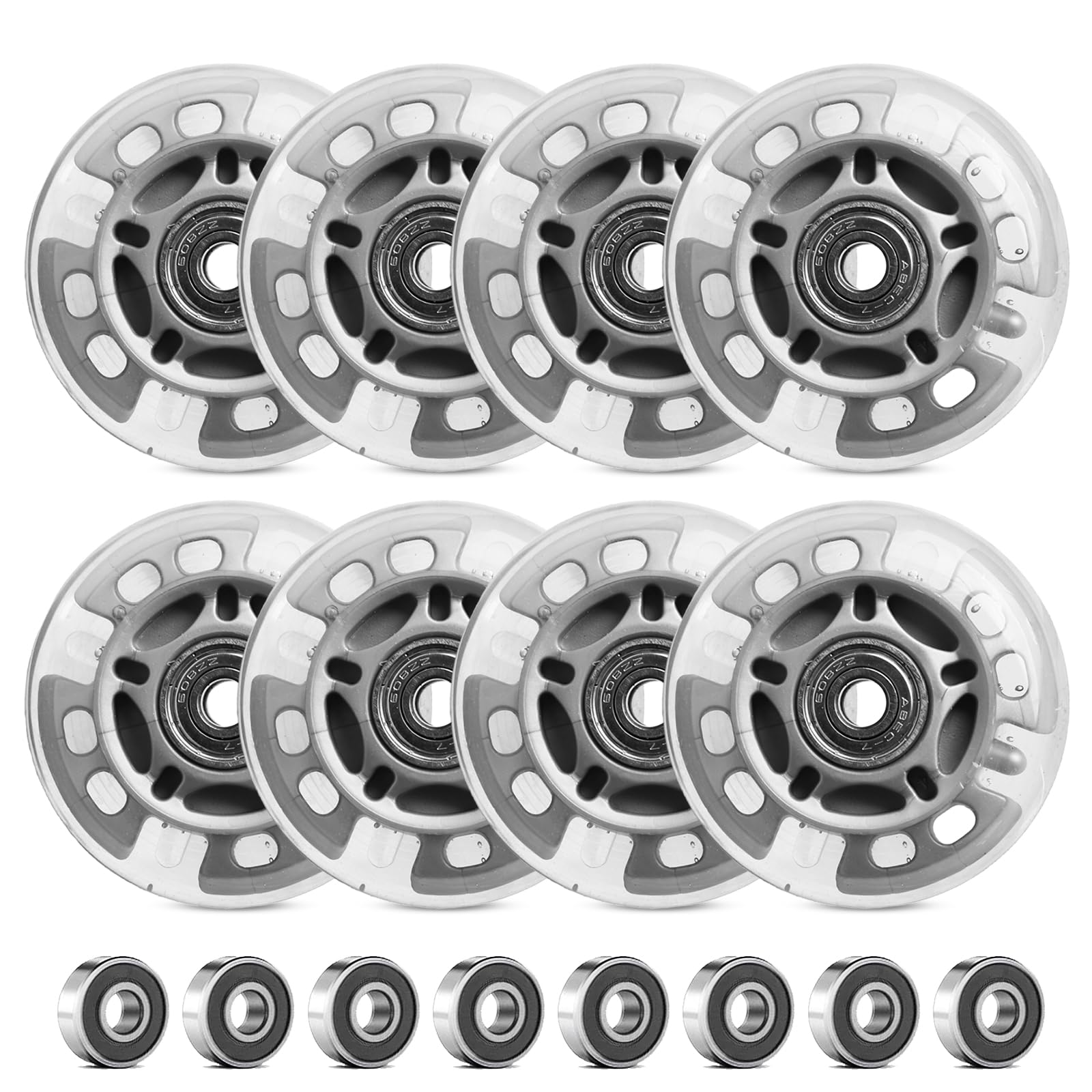 Lot de 8 roues de rollers LED 72 mm – Roues lumineuses avec roulements à billes – Roulettes de rechange pour patins à roulettes et patins de fitness