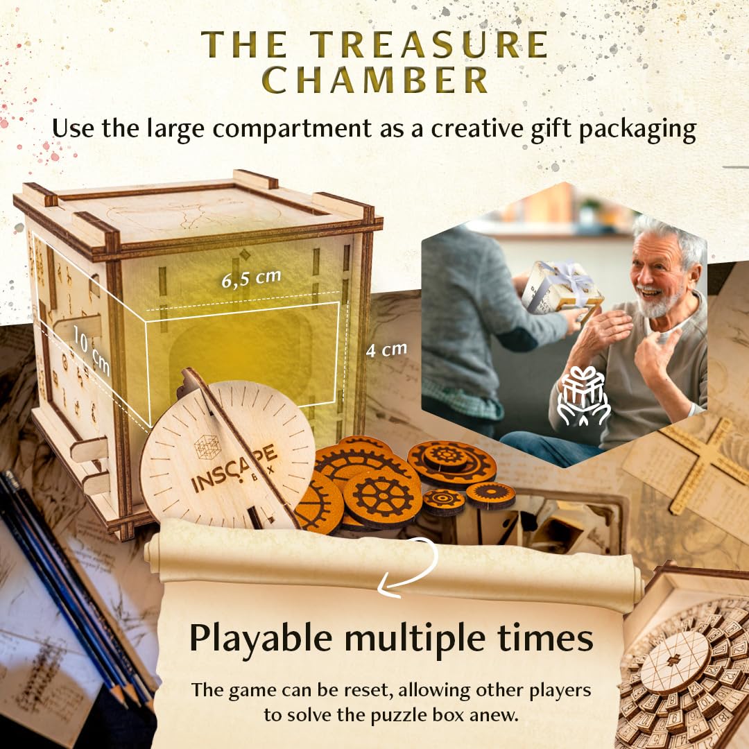 INSCAPE Da Vinci's Marvel - Drewniane Pudełko z Puzzlami Escape Room, Gra dla Dorosłych i Dzieci, 3D Cluebox, Gry Myślące