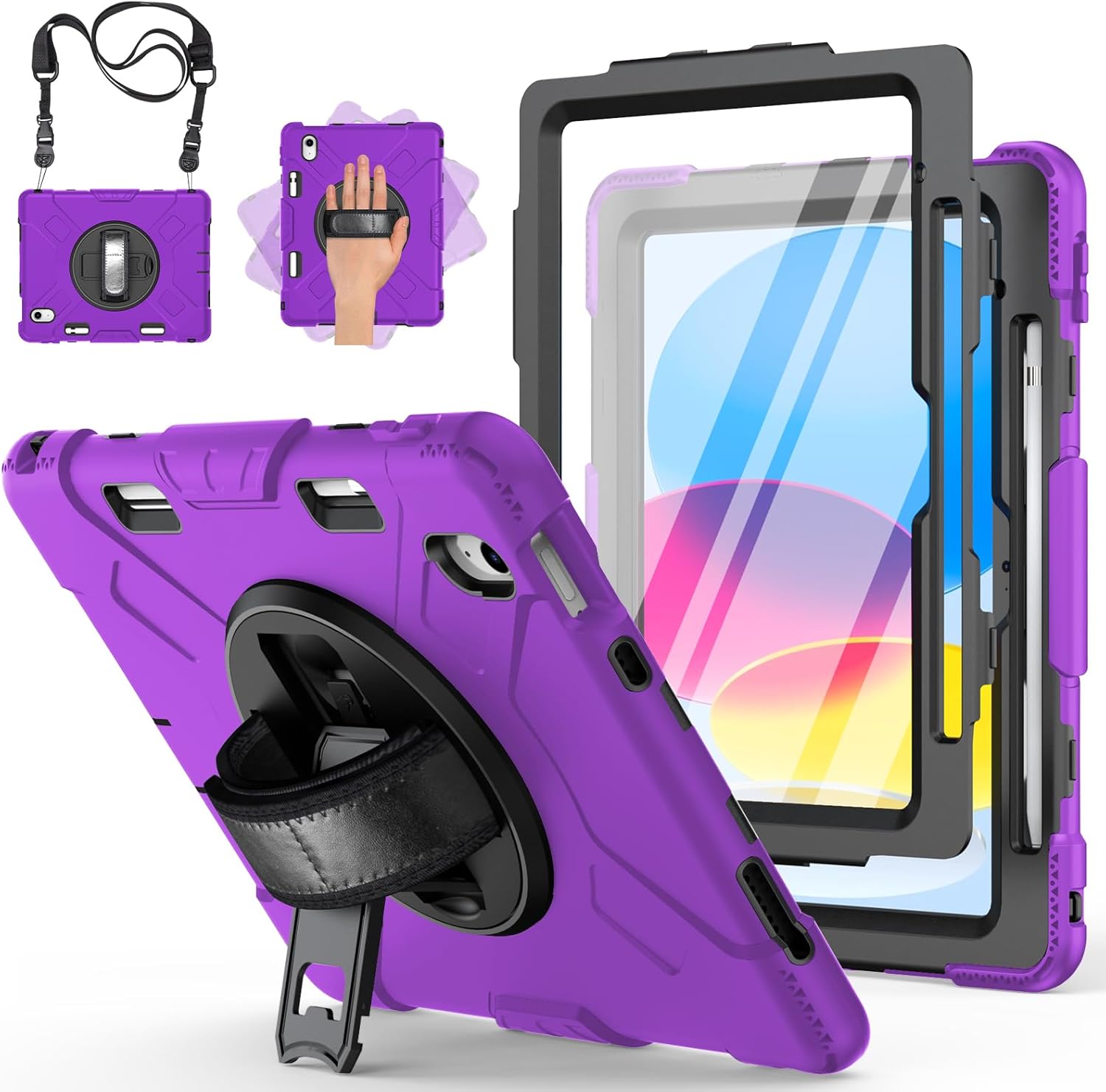 Miesherk Case for iPad (A16) 11th/10th Generation 2025/2022 with Screen Protector, Full-Body Drop Protection 360° Rotate Stand/Hand Strap, Cover Compatible with iPad 10th Gen 10.9/11-inch iPad 10th Generation Purple