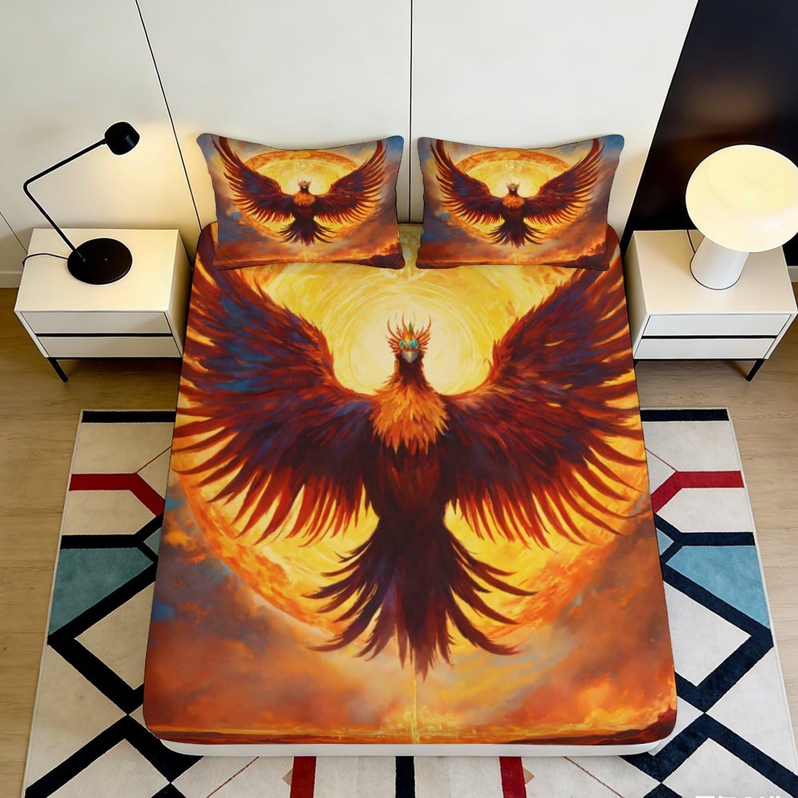 3D Printed Phoenix Fitted Sheet Microfiber Soft Breathable Flaming Bird Bed Cover for Bedroom Dormitory Guest Room Mattress Protection Decor 90x200x25cm