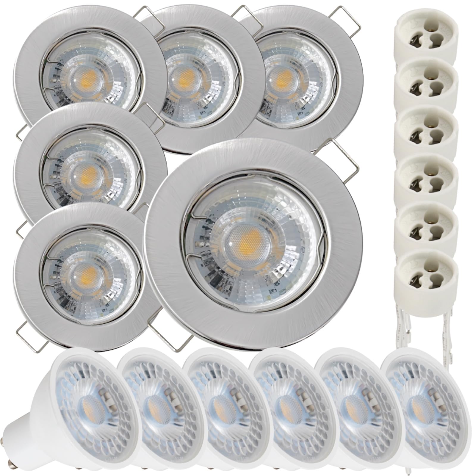 LED Einbauleuchte TOM 230V – 6er Set mit GU10 Fassung & LED Leuchtmittel, 5W Warmweiß 3000K, Ø80mm, Edelstahl-Optik, starr, Lochmaß Ø55–65mm – Deckenmontage in Flur, Küche, Wohnzimmer