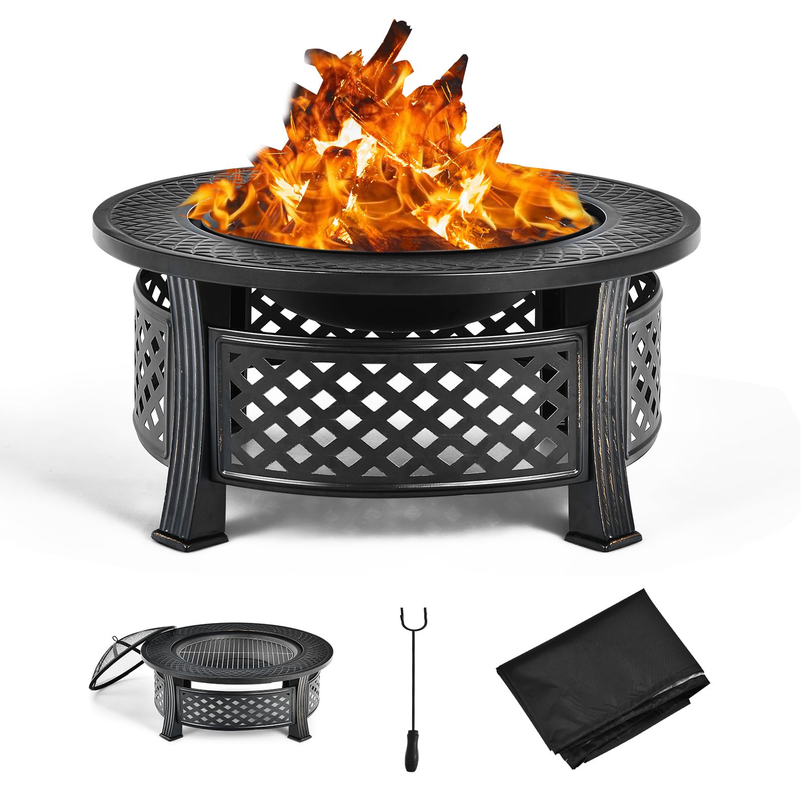 KOMFOTTEU Braciere da esterno con coperchio di sicurezza, Braciere da barbecue 3 in 1 con copertura impermeabile, per giardino, campeggio, picnic, φ81 x 50 cm (H), nero