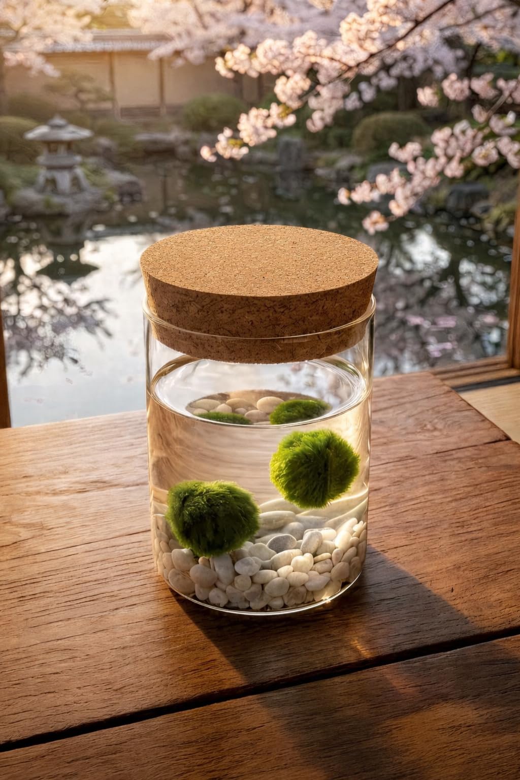 La Felicità è Nelle Piccole Cose Marimo Coppia originale vaso vetro con tappo sughero Felicità, artigianale, fondale naturale, diametro 8cm, altezza 11cm, Made in Italy