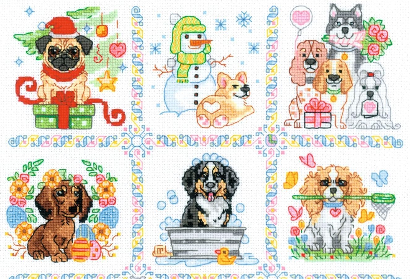 RIOLIS - Dog Calendar 2245, Dogs Cross Stitch Kits 11¾"x15¾, Counted Cross Stitch Kits, Counted Cross Stitch Kits for Beginners & Advanced, Cross Stitching Kits for Adults, Dog Embroidery Kit