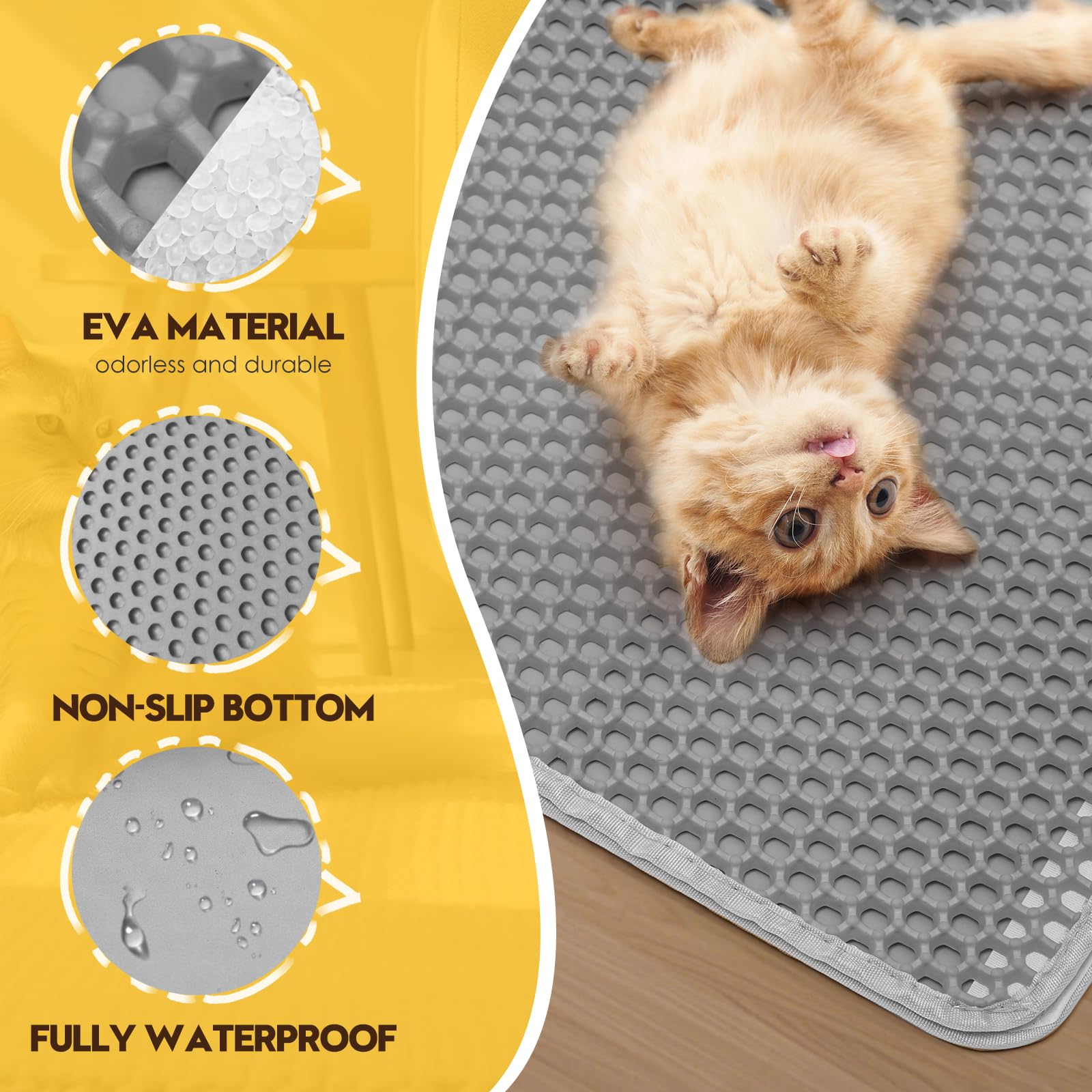 Cat Litter Mat, 30"x 24" Honeycomb Cat Litter Trapping Mat, Detachable Double Layer Cat Litter Box Mat, Urine Proof Waterproof Kitty Litter Mat, EVA Cat Litter Catcher Mat, Easy Clean, Washable, Gray - image 3
