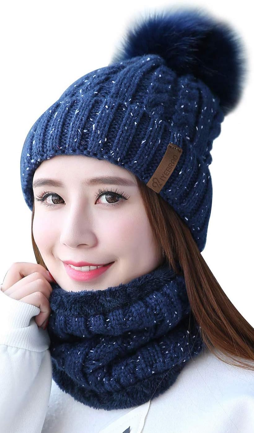 29 IYEBRAO Womens Winter Knit Pom Pom Beanie Hat Scarf Set Girls Slouchy Thick Fleece Lined Ski Hat Warm Skull Cap