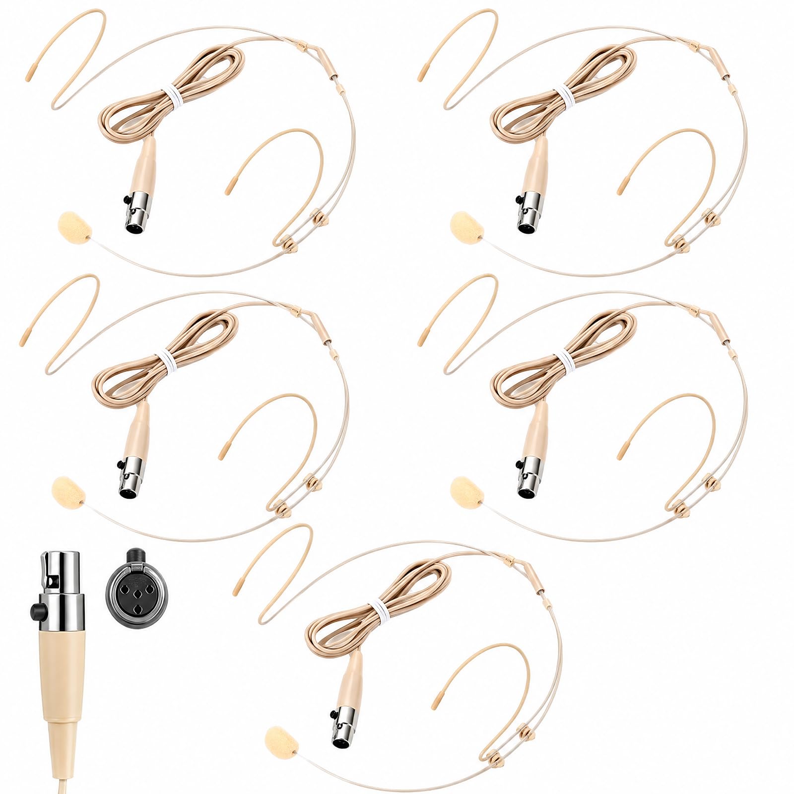 Photo 1 of Sabary 5 Pcs Headset Microphone Dual Headworn Earset Over Ear Hanging with 4 Pin XLR 5ft Cable Compatible with Wireless System Bodypack Transmitter for Lectures Live Performance Theater(Beige)