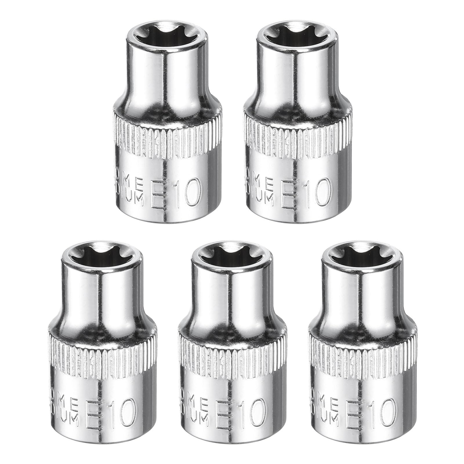 sourcing map 5pcs E-Torx Socket 3/8" Drive E10 Star Female Socket 1.1" Length External Torx Deep Sleeve CR-V Chrome Plating 6 Point Spline Sleeve for Auto Repairs Home Maintenance