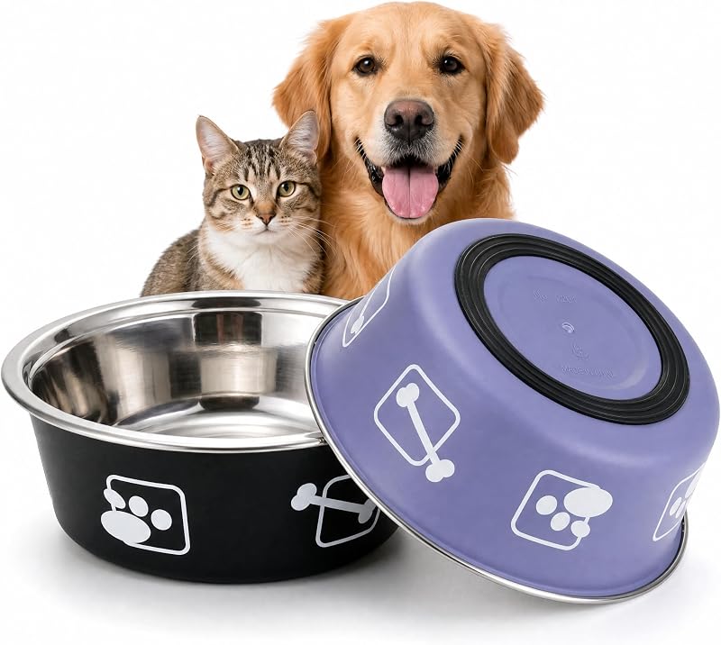 Tigelas para Cães em Aço Inoxidável com Base Antiderrapante MOCHENG HUA MC-003, Preto e Roxo, Pacote com 2, Tamanho S