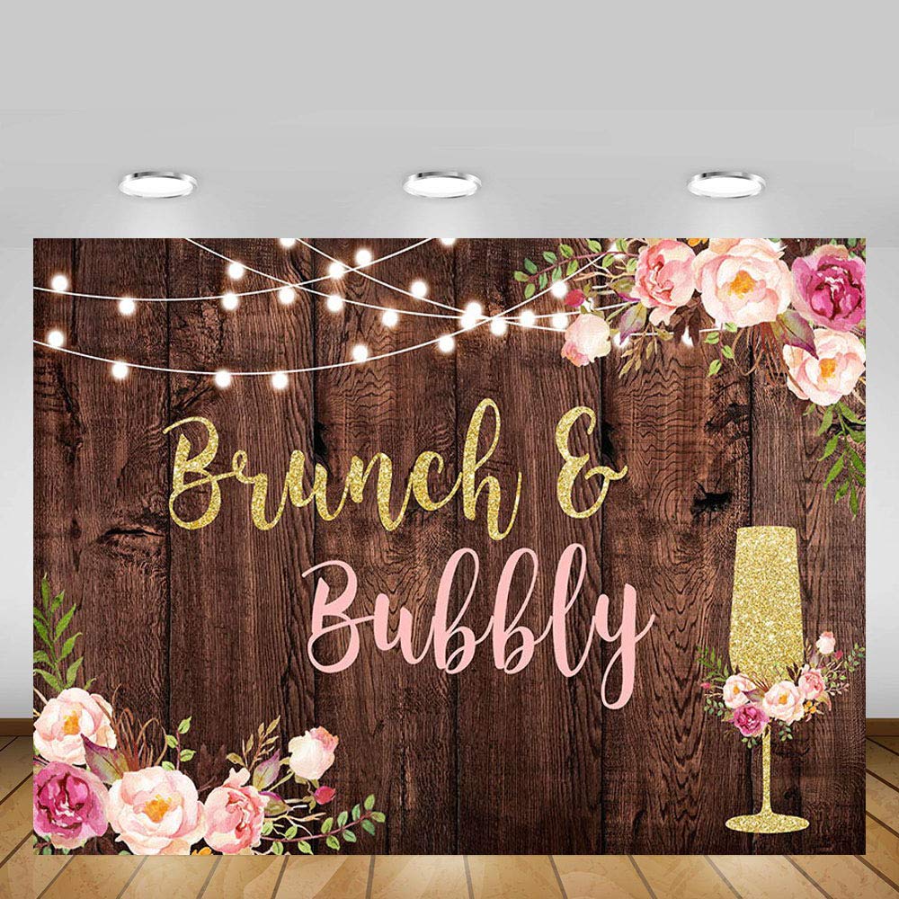 MEHOFOND 7x5ft Brunch and Bubbly Bridal Shower Party Backdrop Studio Photography Rustic Brown Wood Glitter Rose Pink Floral Gold Champagne Background
