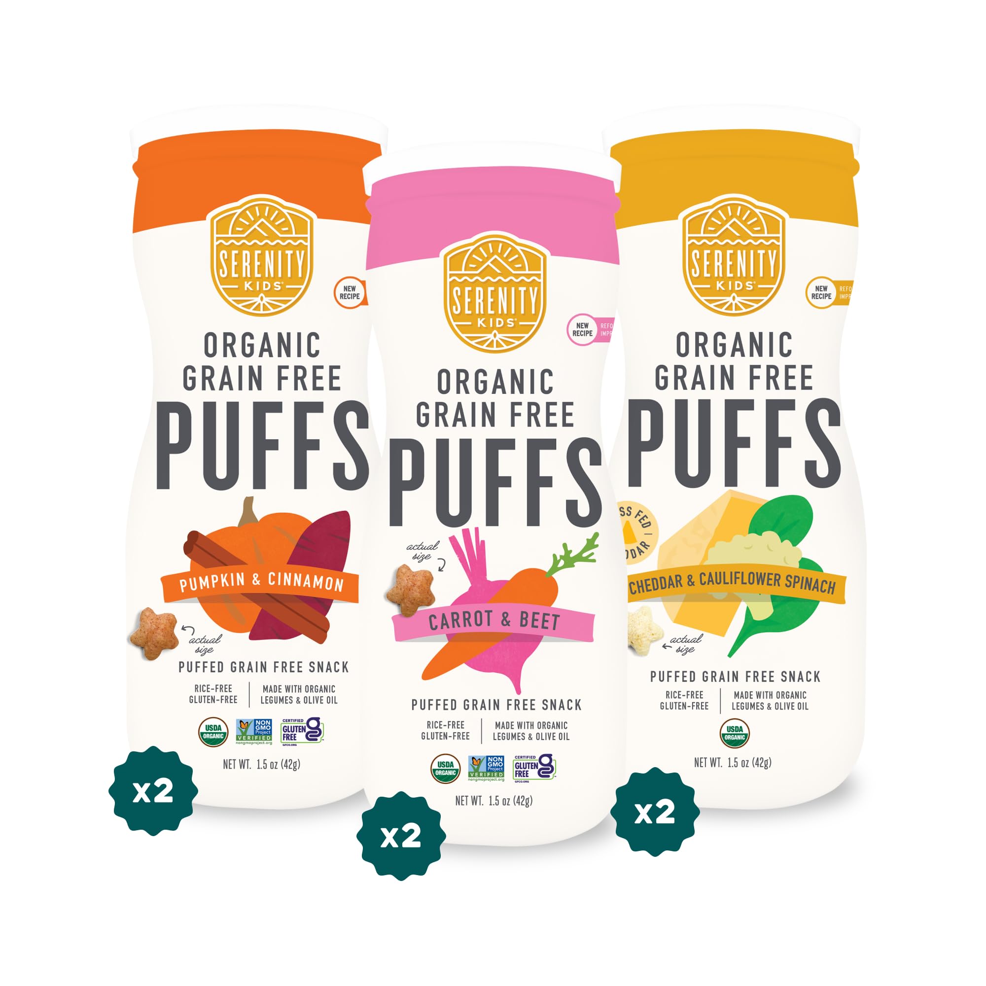 Serenity Kids 6+ Months Grain-Free Allergen-Safe Puffs for Toddlers & Babies - No Grains, Gluten, Nuts, Rice - Organic Veggies, Legumes, Olive Oil (1.5 Ounce (Pack of 6), Variety Pack)USDA Organic