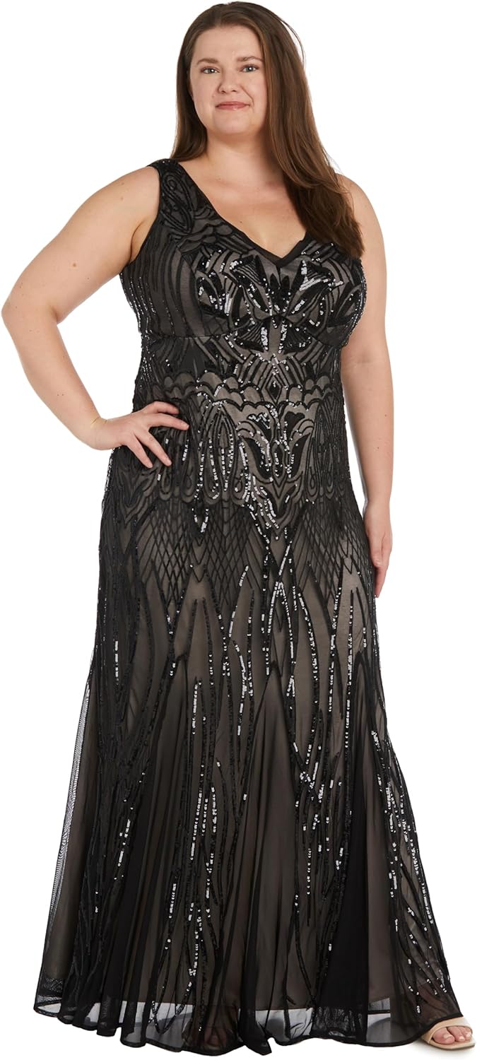 R&M Richards Women's Luxurious Sequin Embellished Gown | V-Neck Formal Beaded Maxi Dress W/Contrast Lining & Godet Skirt - Image 4