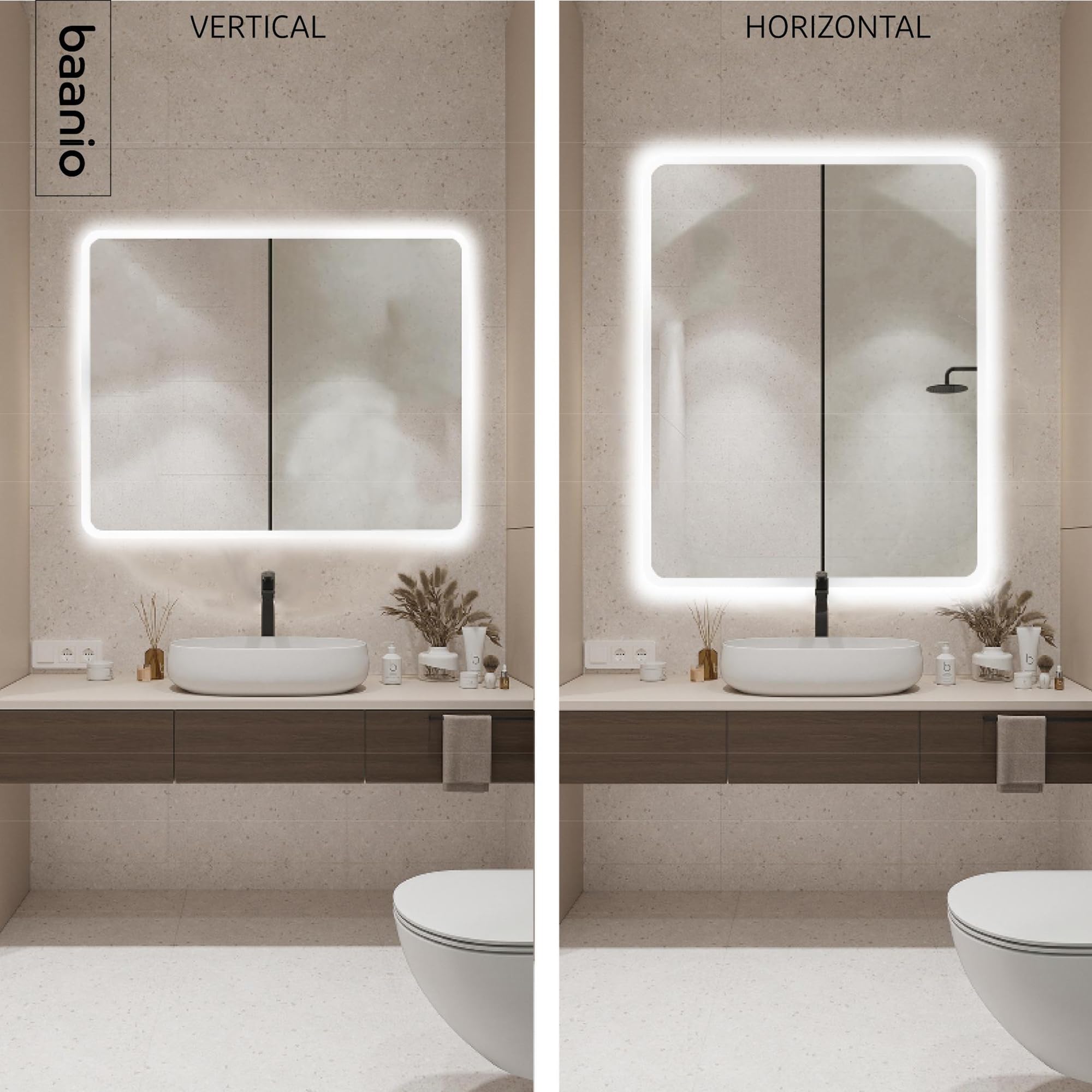Nuve - Espejo Baño Luz LED Fría Rectangular 80x100 | Espejo Retroiluminado Esquinas Redondeadas y Decorado Mate | Plata Ecológica de 4 mm | Montaje Horizontal o Vertical
