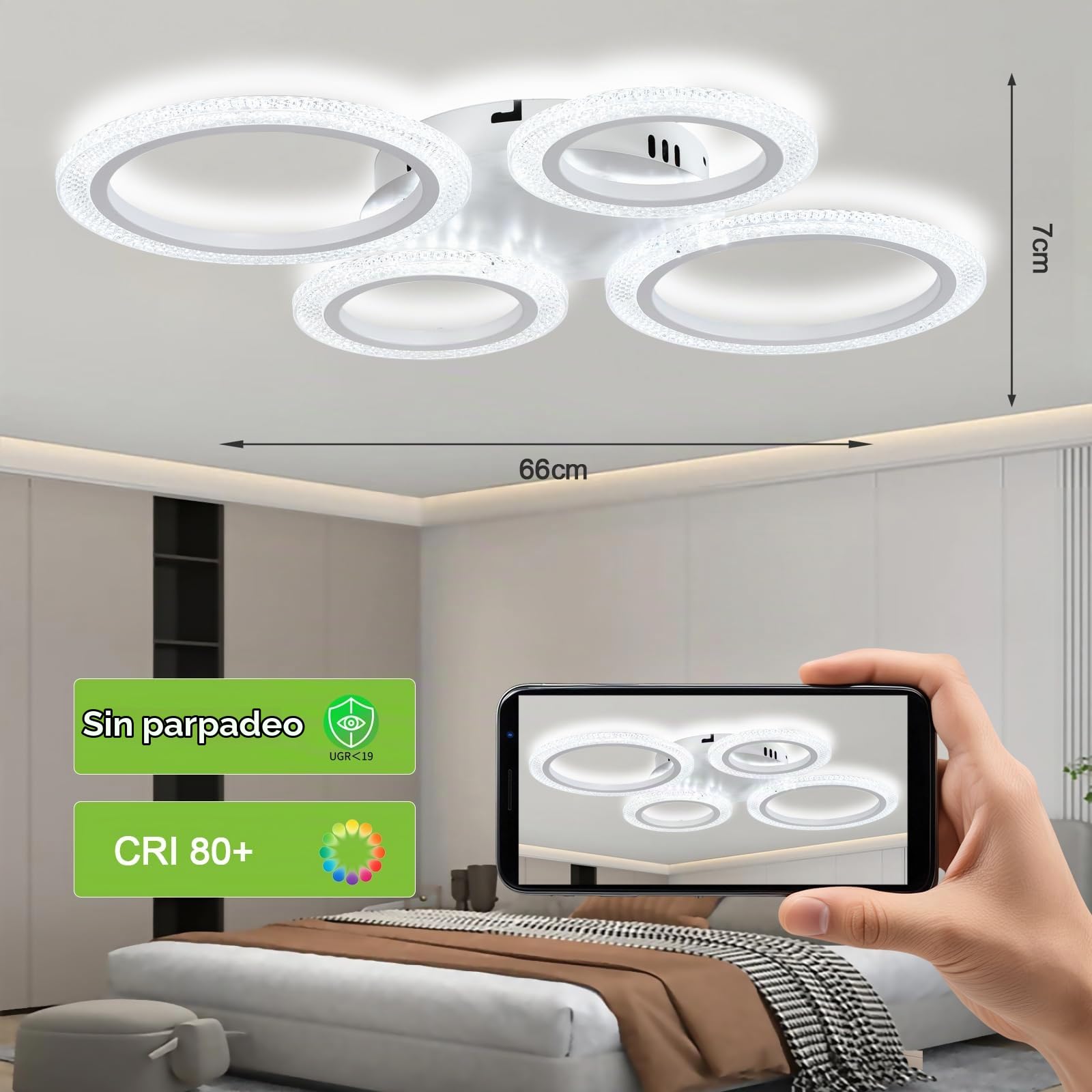 Lámpara de Techo Led Inteligente Moderna con Control Remoto y App, 48W Ceiling Lamp Regulable, 3 Temperaturas de Color, Modo Memoria y Timer, Para Dormitorios, Salones y Cocinas, Blanco