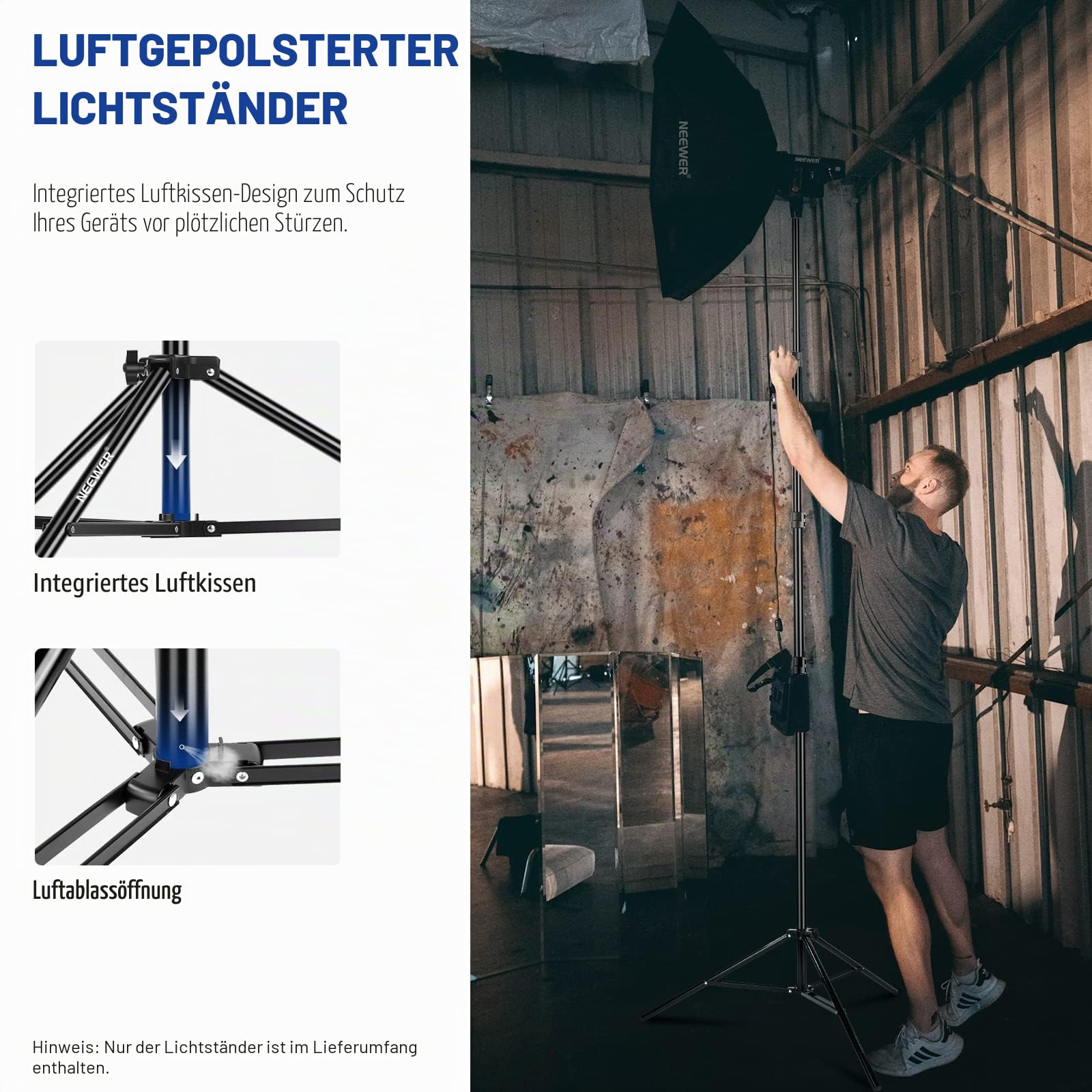 NEEWER 3m Lichtstativ, Luftgepolstertes Heavy Duty Metallstativ für Ringlicht Fotografie Lampen mit 1/4" zu 3/8" Schraubadapter und 3 Wege Schnittstellen, Tragfähigkeit: 2,5kg, ST-300AC
