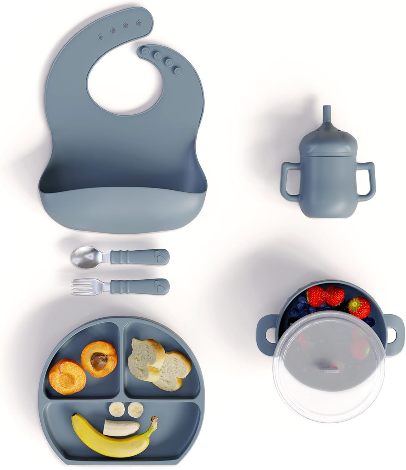 mimi & kiki BPA-Free Silicone Baby Feeding Set, Baby Plates and Bowls Set, Baby Led Weaning Supplies, Silicone Suction Plate, Baby Utensils, Bib and Cup, Self Feeding, Dishwasher Safe (Blue) - Image 9