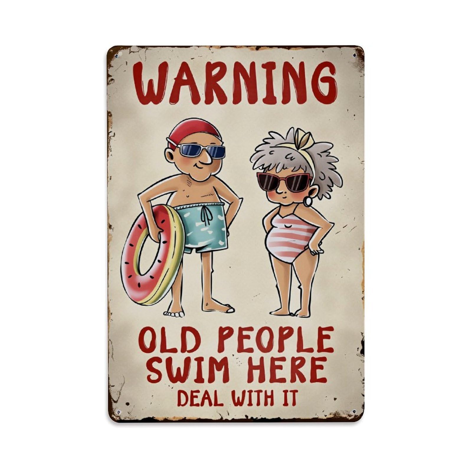 Enderetf Vintage Warning Old People Swim Here Deal With It Tin Sign Metal Poster, Home Bar Garage Man Cave Cafe Indoor & Outdoor Wall Decoration 8X12inches