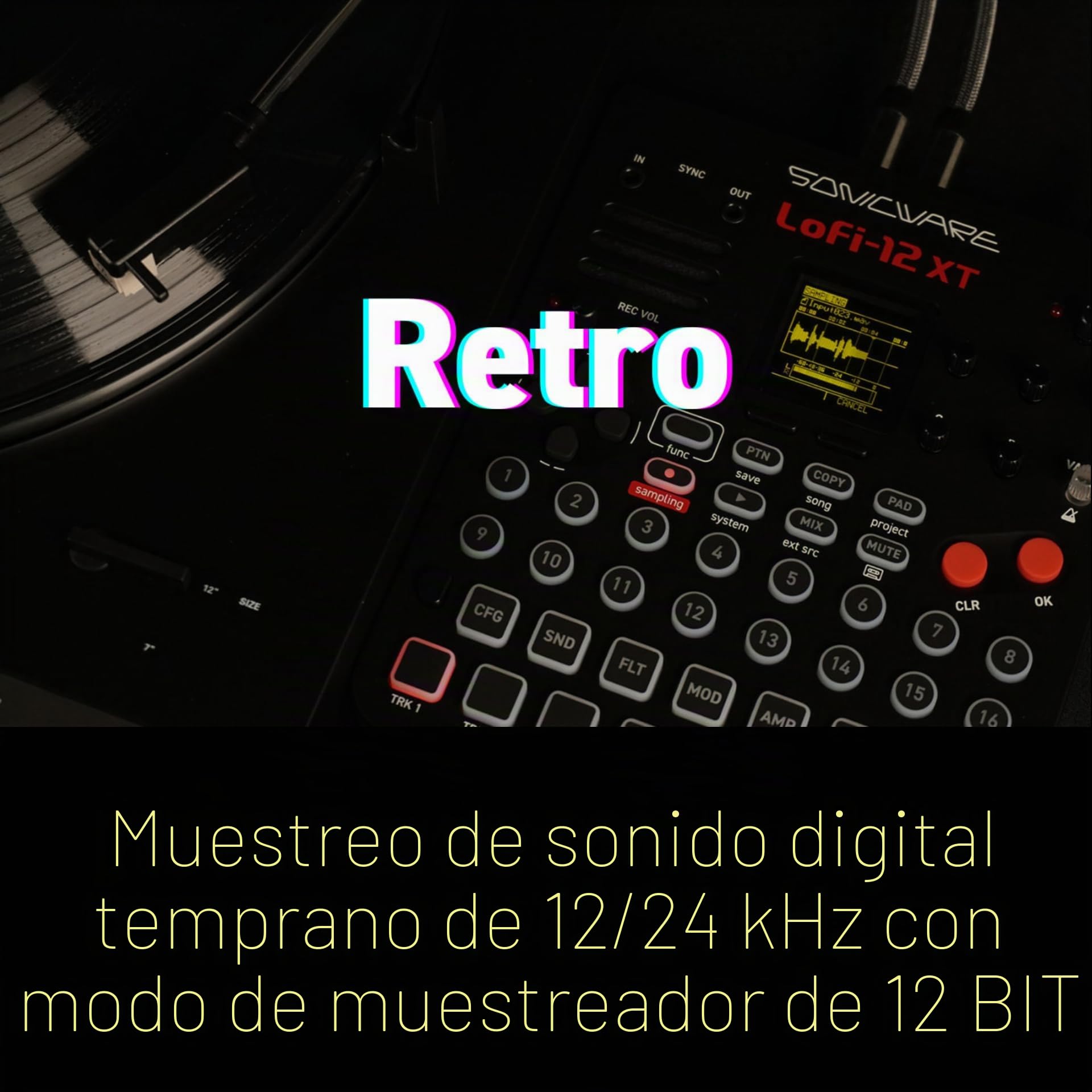 Sonicware Lofi-12 XT [Lo-fi Groovebox & Sampler] Muestreo retro con modo sampler de 12 bits, secuenciador por pasos de 8 pistas, 26 efectos, 15 pads sensibles a la velocidad con LED RGB