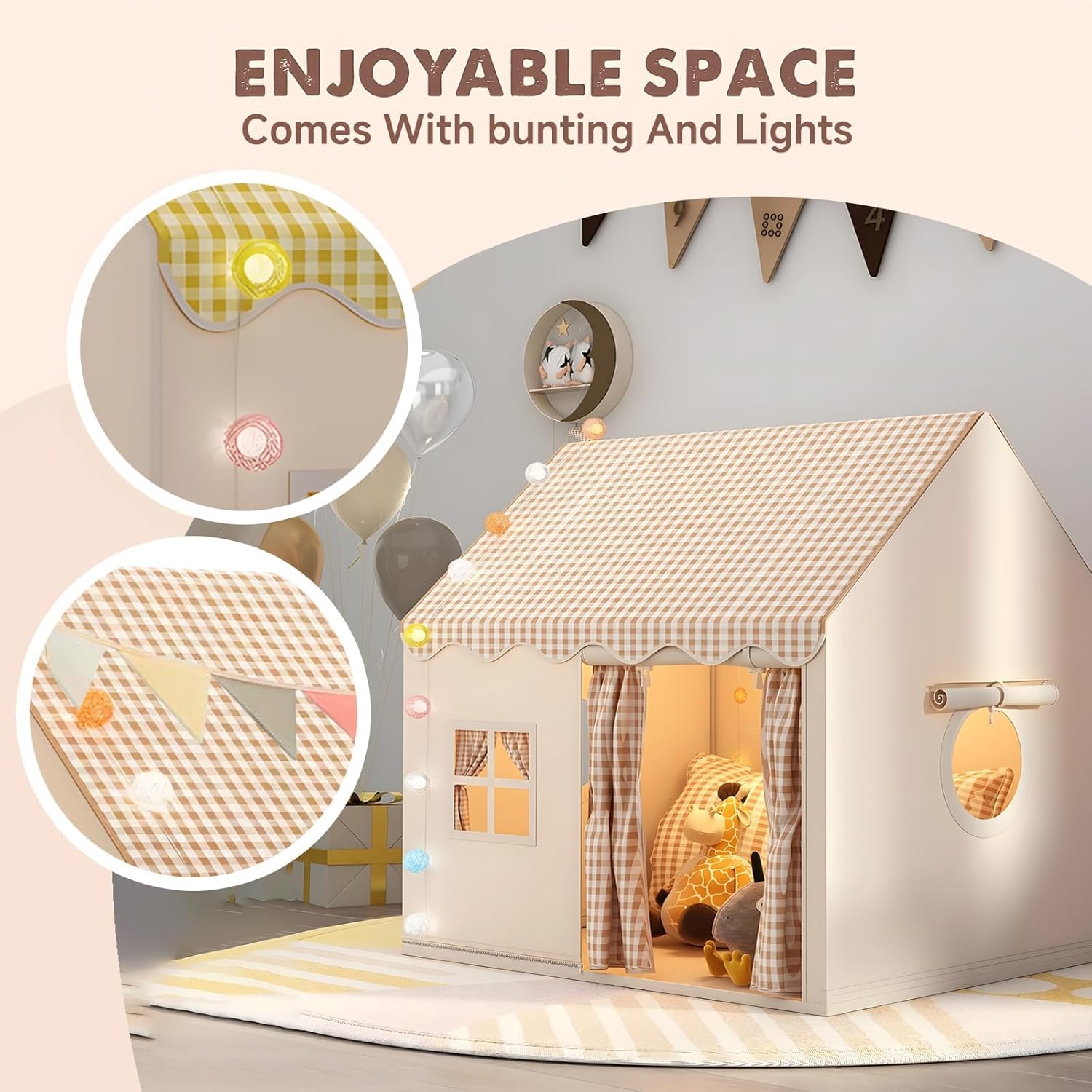 Kinder Spielhaus Indoor,Kinder Bettzelt,Spielzelt für Drinnen,Prinzessin Zelt mit Fenstern, Kinderspielhaus, Kuschelecke Kinderzimmer Dekor(Neutralen Farben)