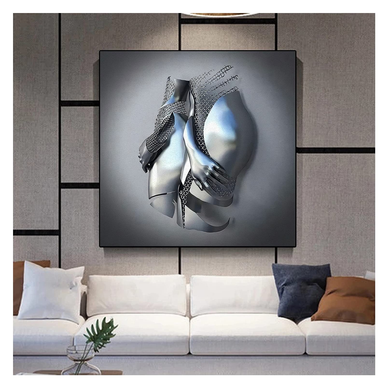 Love Heart 3D Wall Art, Love Heart Gray/Gold Art Wall Abstract Metal Figure Sculpture Canvas Painting Hanging Painting, ​Printing Core for Home Bedroom Decor, Valentine's Day Gift,H,90x90cm(35.4in)