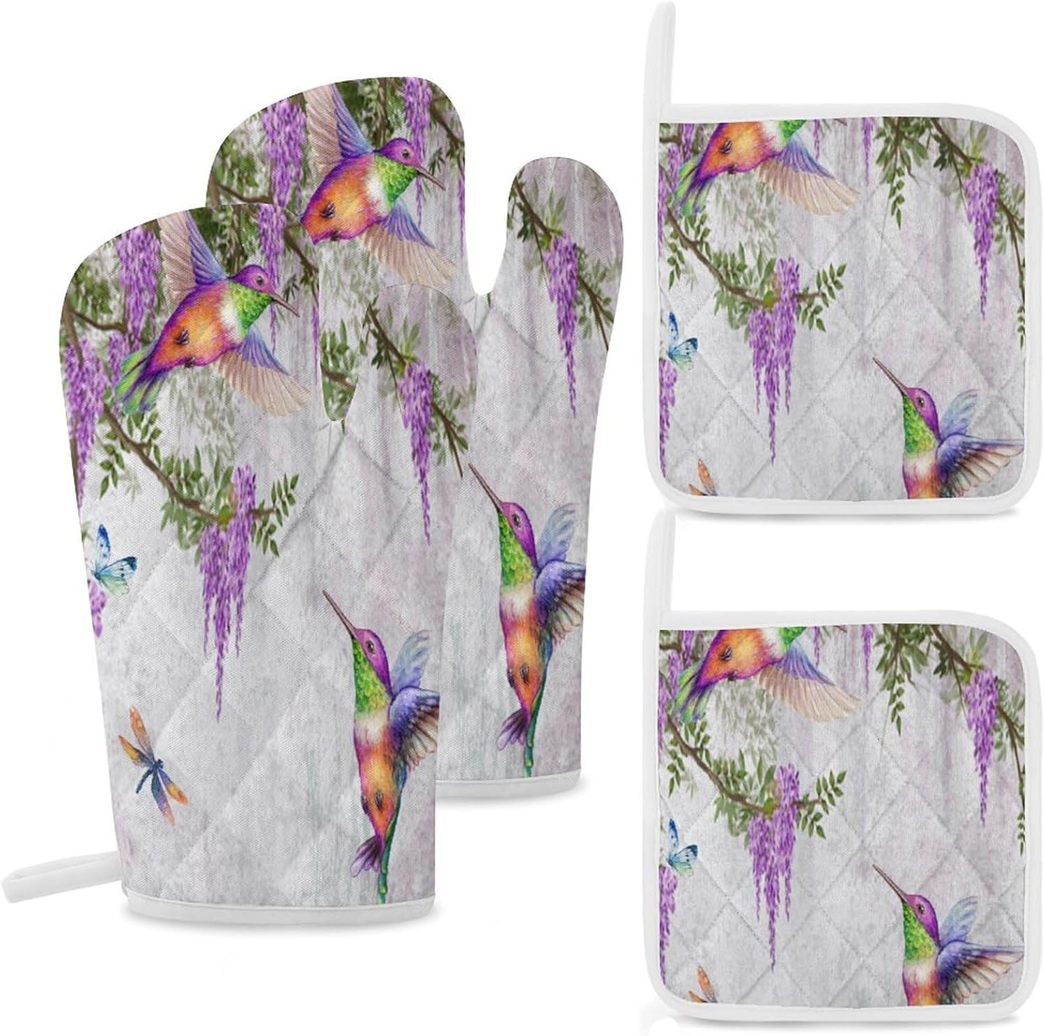 Rustic Wildlife Hummingbird Oven Mitts and Pot Holders 4 Vintage Wildflower Floral Vine Butterfly Bird Piece Setven Mitts and Potholders Cooking Gloves Suitable Kitchen Baking
