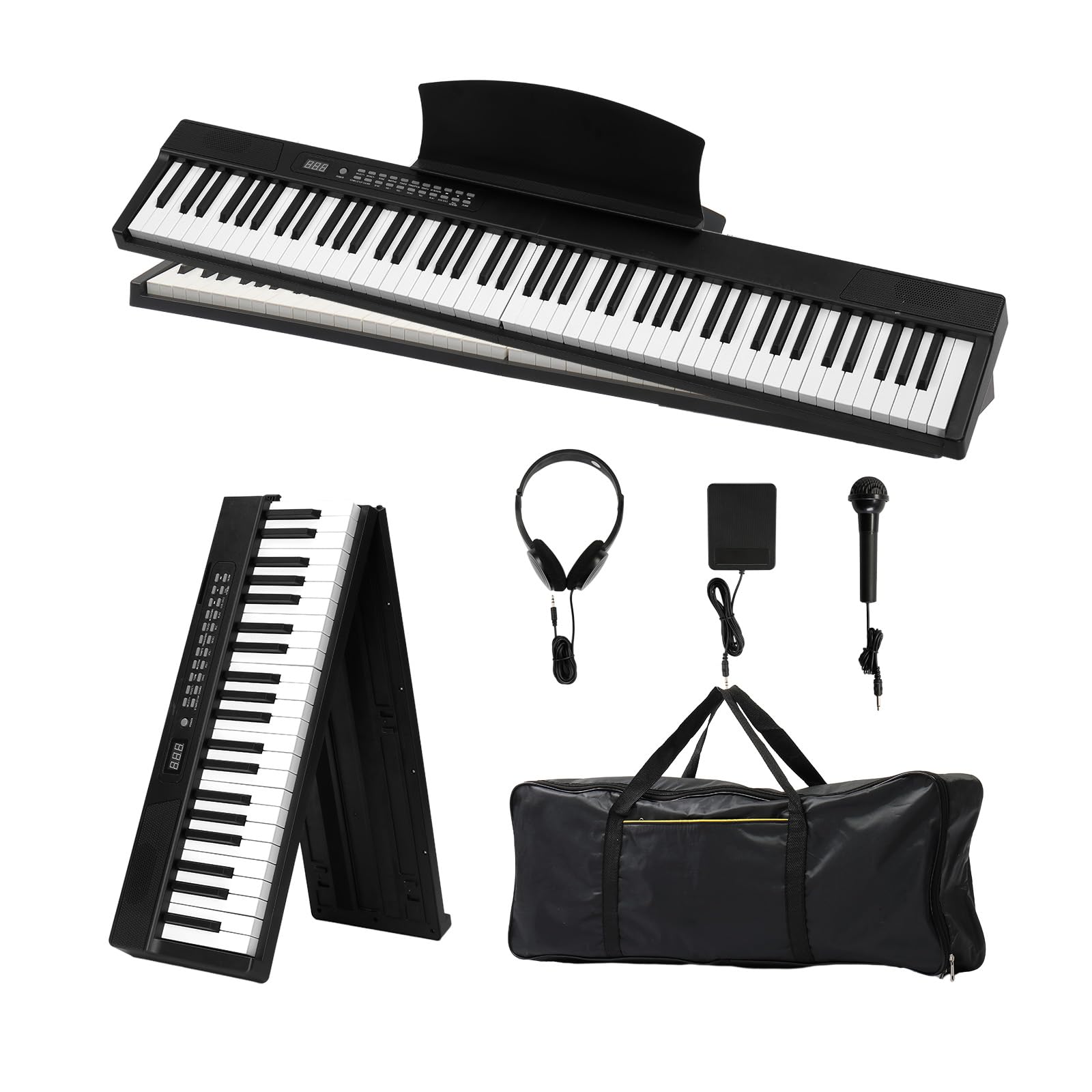 Bonnlo Piano Numérique Pliable GPPS01-106 à 88 touches, Clavier Semi-Lesté Standard, avec MIDI, Bluetooth, Sac à Main et Casque Audio Inclus, Noir