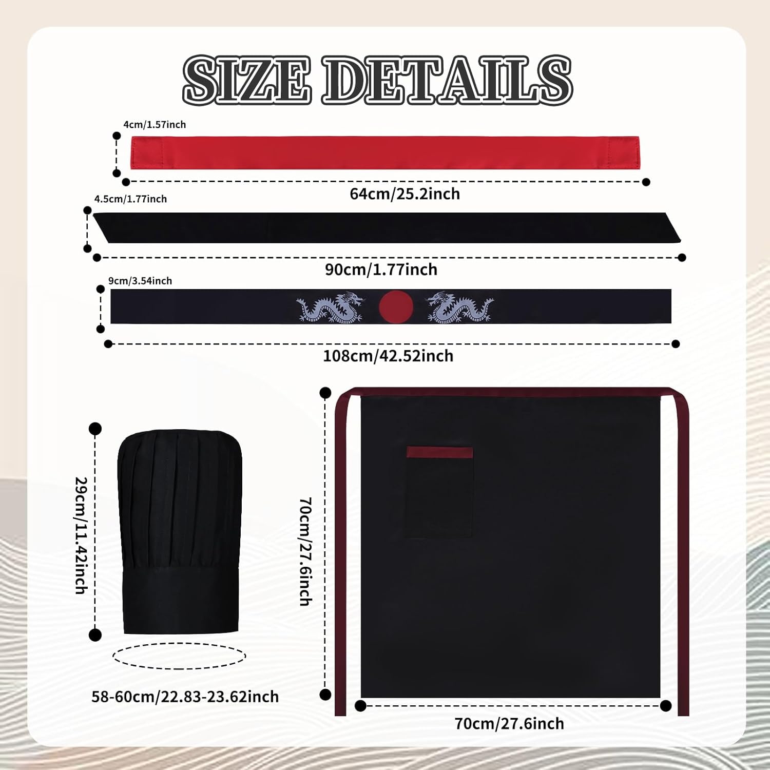 Japanese 8 Hibachi Chef Costume Set Teppanyaki Tall Cap with Hachimaki Headband Apron Accessories - Image 2