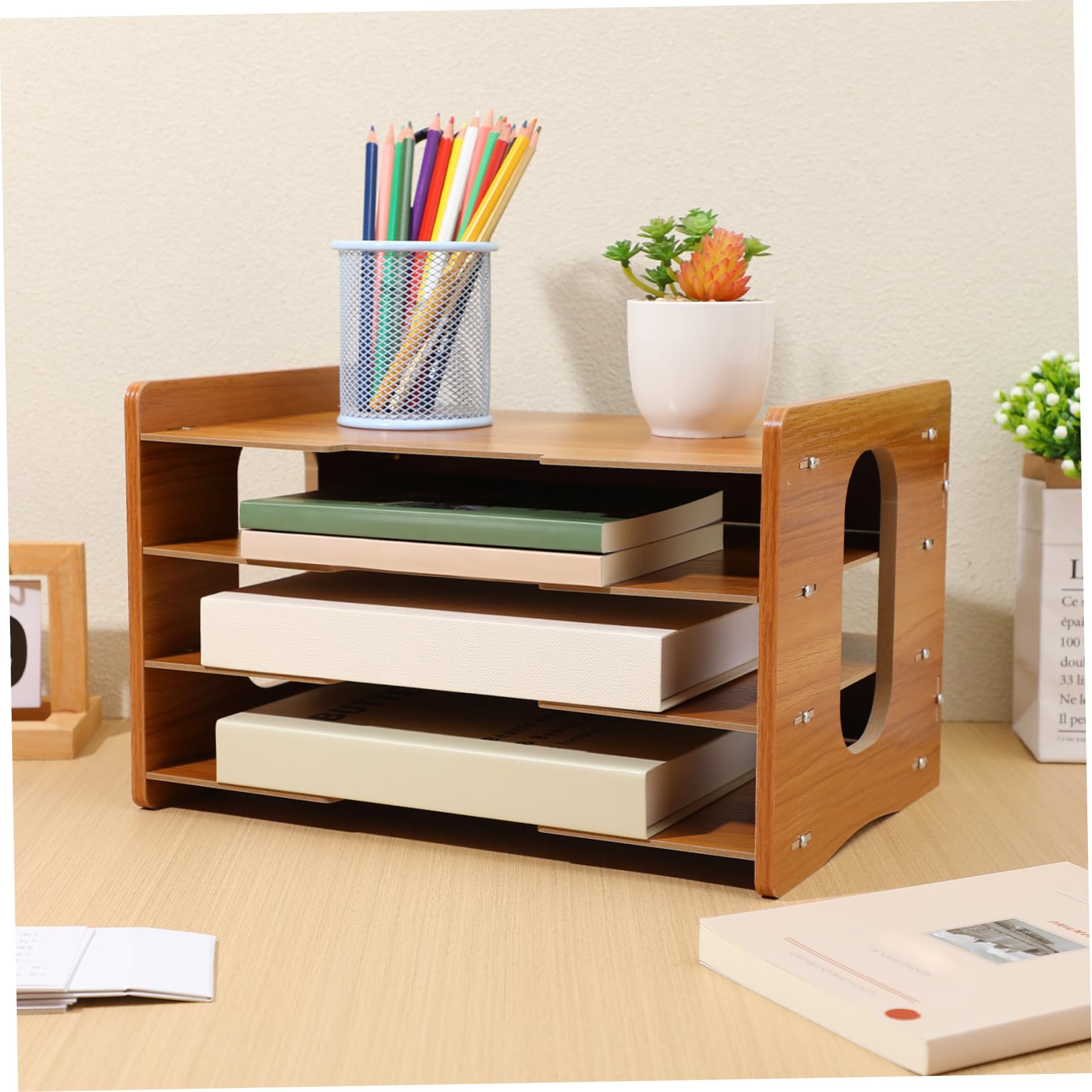 DOITOOL Organizador de Bandejas de Papel de 4 Capas en Madera | Diseño Vertical Marco, Estructura de Clasificación, Estable y Compacto para Escritorio y Hogar