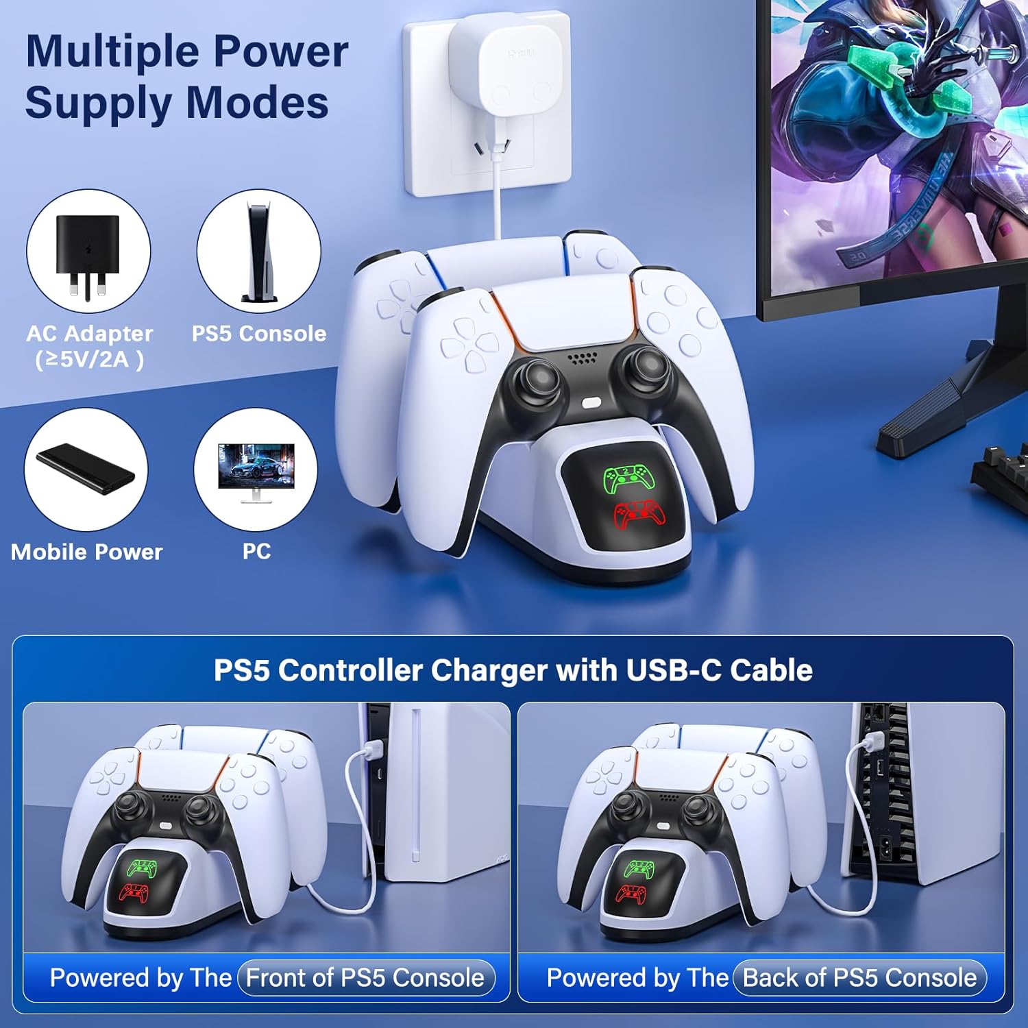 for PS5 Controller Charger Station for PlayStation 5 Dualsense, for PS5 Controller Charging Dock with LED Indicator, for PlayStation 5 Controllers Charging Station Stand with Fast Charge Cable,White - Image 3