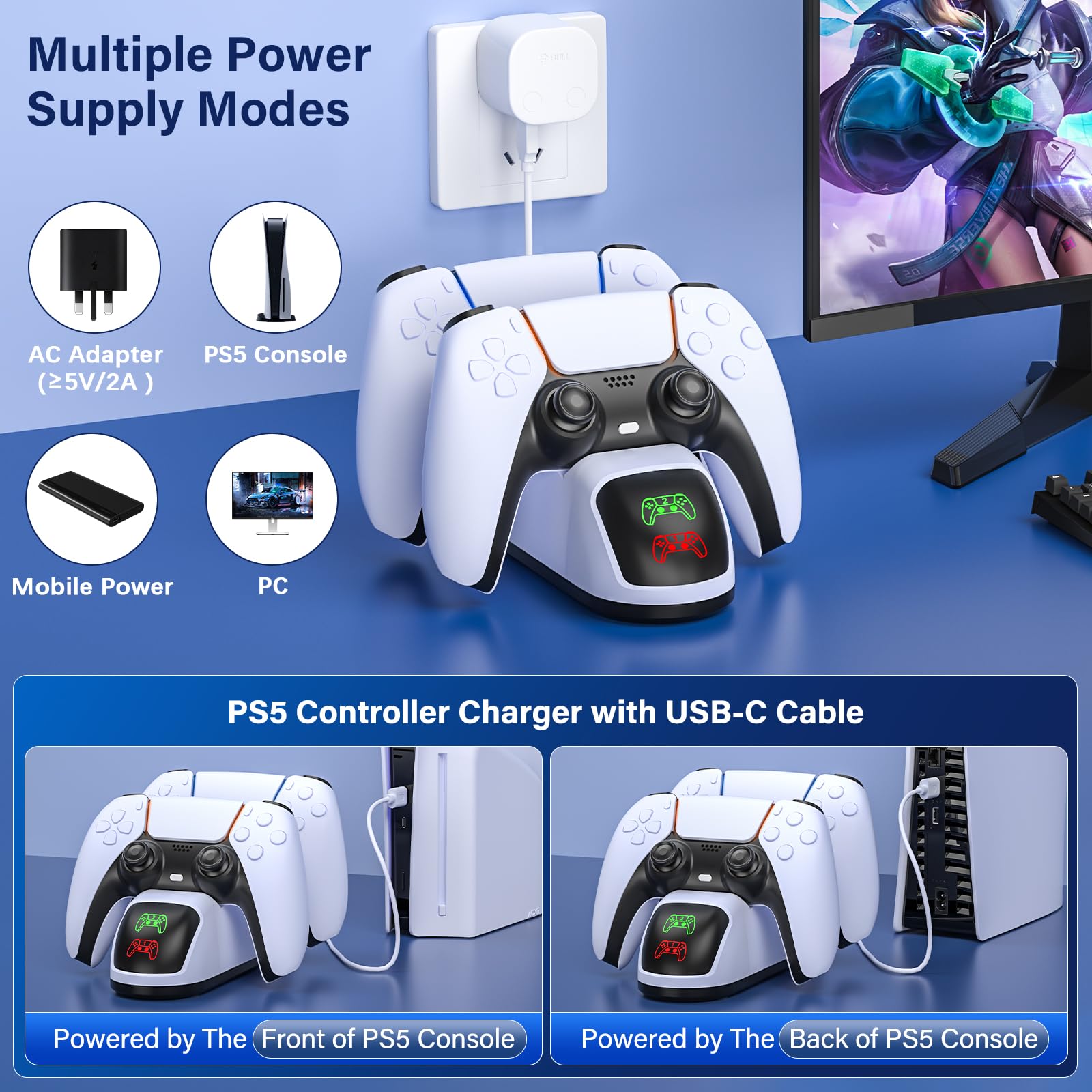 Estación de carga de controlador PS5 para PlayStation 5 Dualsense, base de carga de controlador PS5 con indicador LED, estación de carga para controladores PlayStation 5 con cable de carga rápida