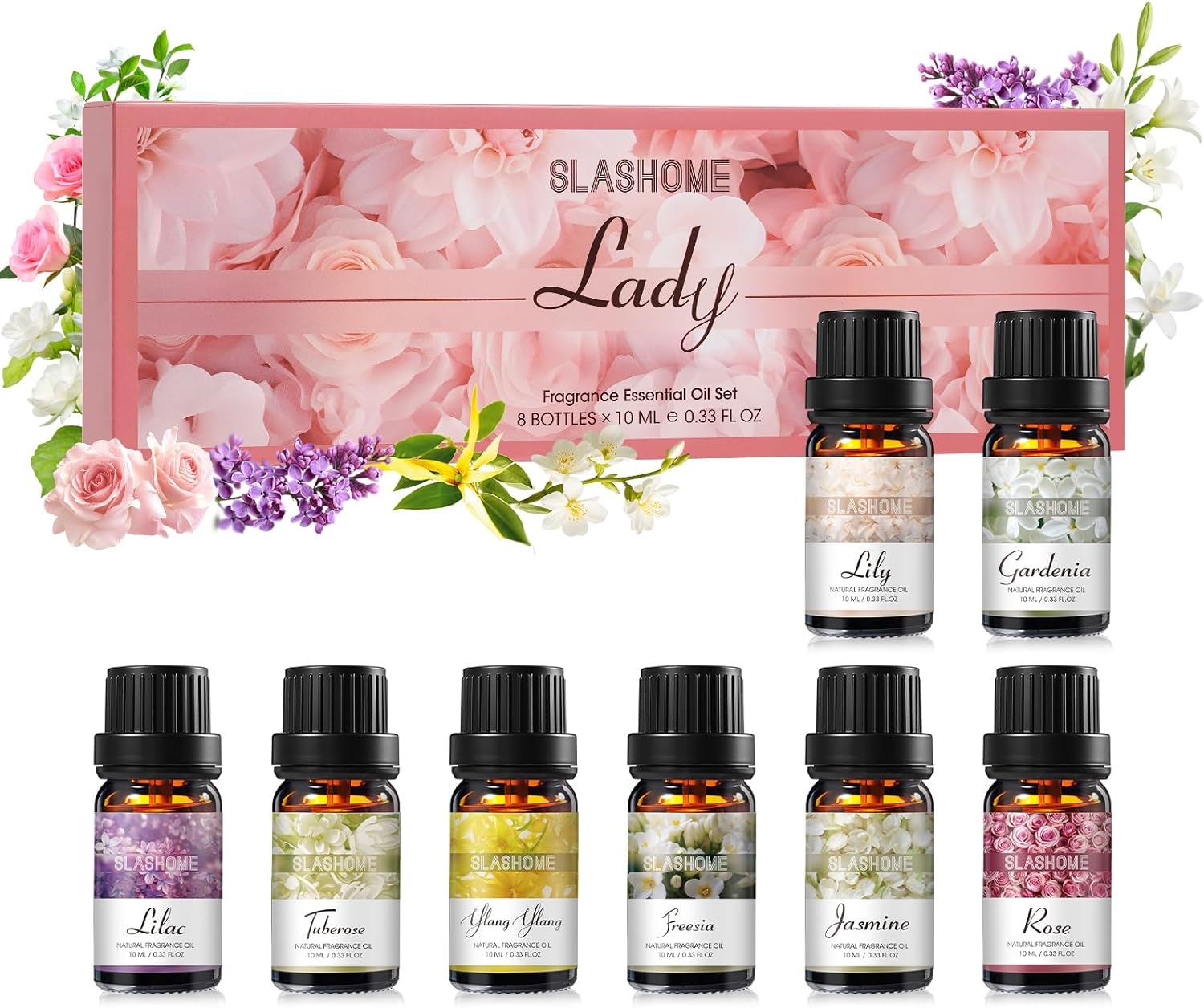 Essential Oils Set for Women | 8x10ml Lady Floral Essential Oils for Diffusers, Home Fragrance, Perfume Making & Massage | Rose, Jasmine, Gardenia, Lily, Lilac, Freesia, Ylang Ylang, Tuberose