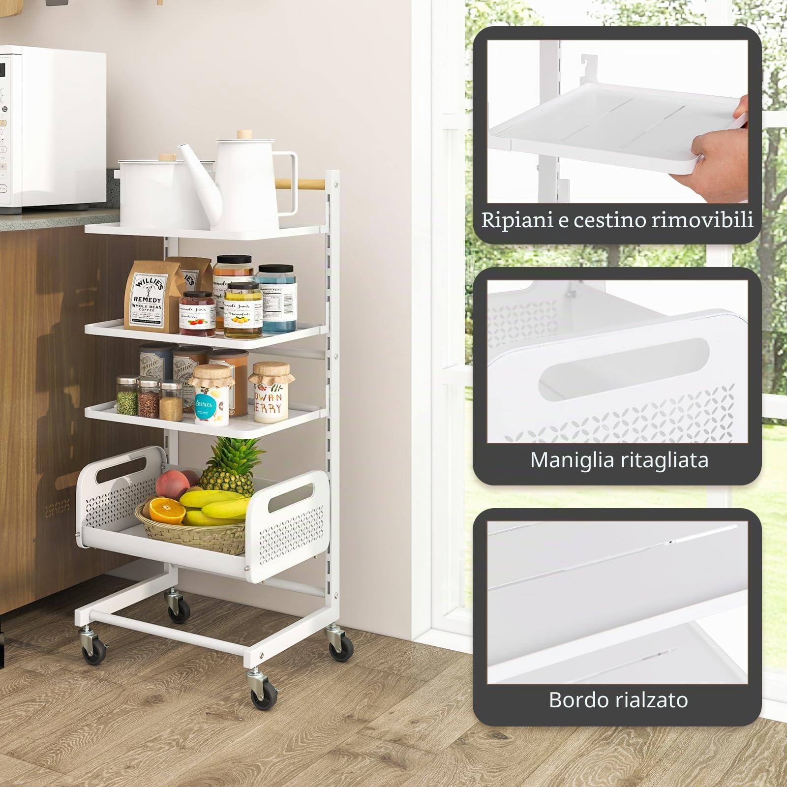 HOMASIS Carrello Portaoggetti con 3 Ripiani e un Cestino, Carrello con Ruote Portatutto Cucina, Carrellino Salvaspazio e Regolabile in Ferro e Legno, Portata 20kg, 35,5 x 29 x 84,5 cm, Bianco