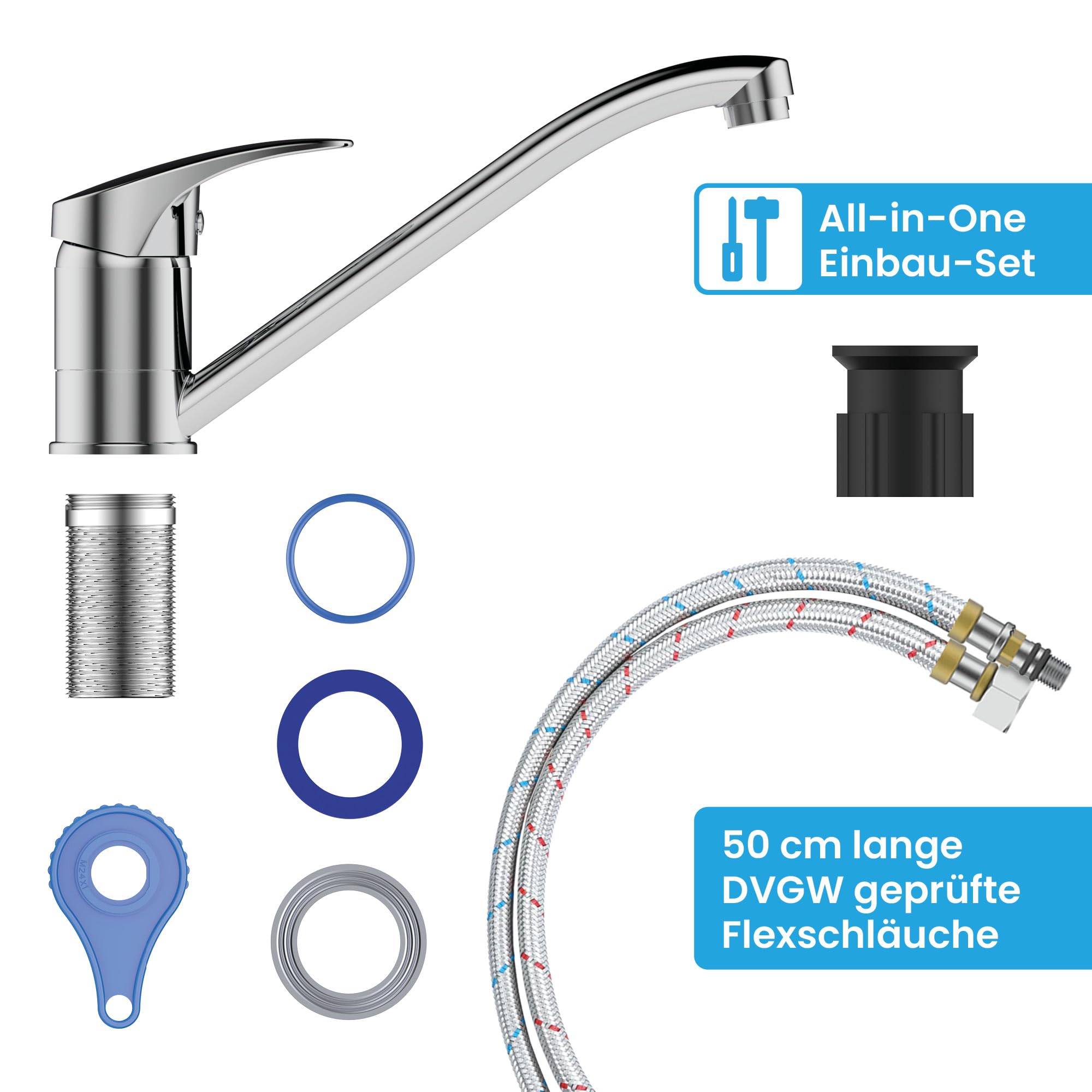 Bächlein Küchenarmatur Arado – 360 Grad schwenkbar (Chrom) – Einhand-Spültischbatterie Chrom mit 360° schwenkbarem Auslauf, Wasserhahn für die Küche in extra massiver Ausführung…