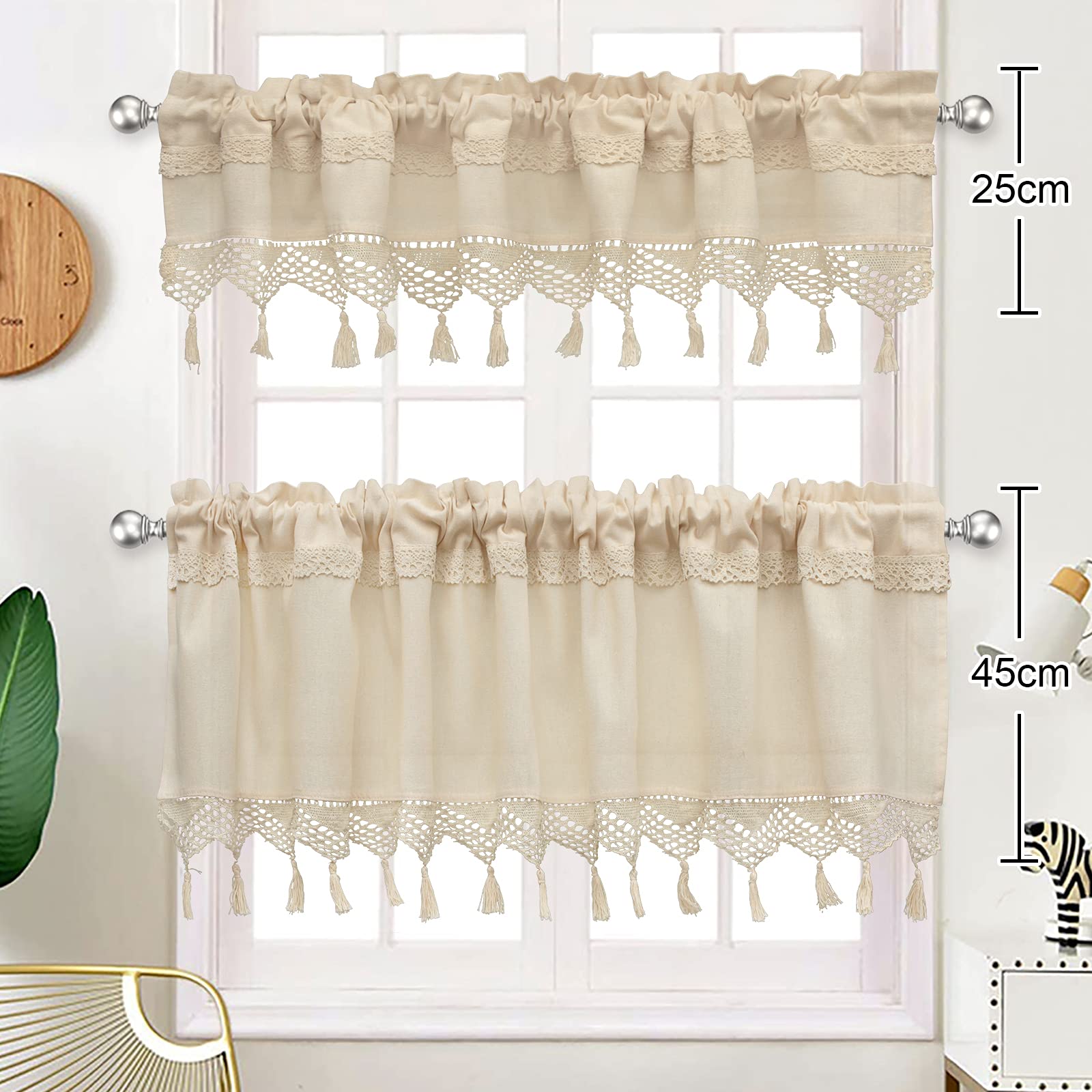 Tenda Da Cucina Corta In Cotone Boho Stile Bistrò – Ricamo Effetto Uncinetto – 150x60 Cm – Beige Semitrasparente