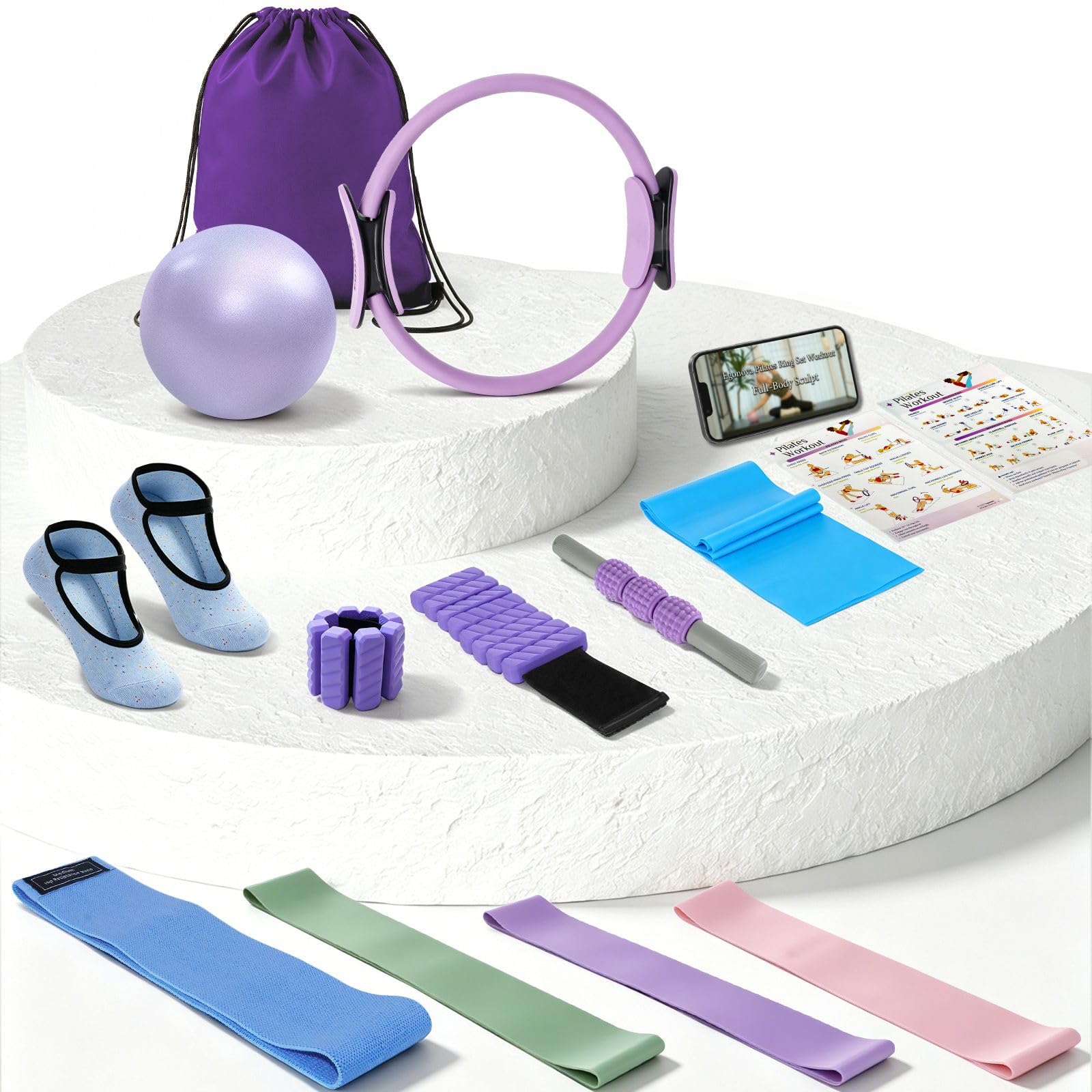 EgoNova Pilates Kit for Women, 13-Piece Home Pilates Equipment Set with Ring, Mini Ball, Resistance Bands, Ankle Weights, Socks & Bag for Full Body Home Workout