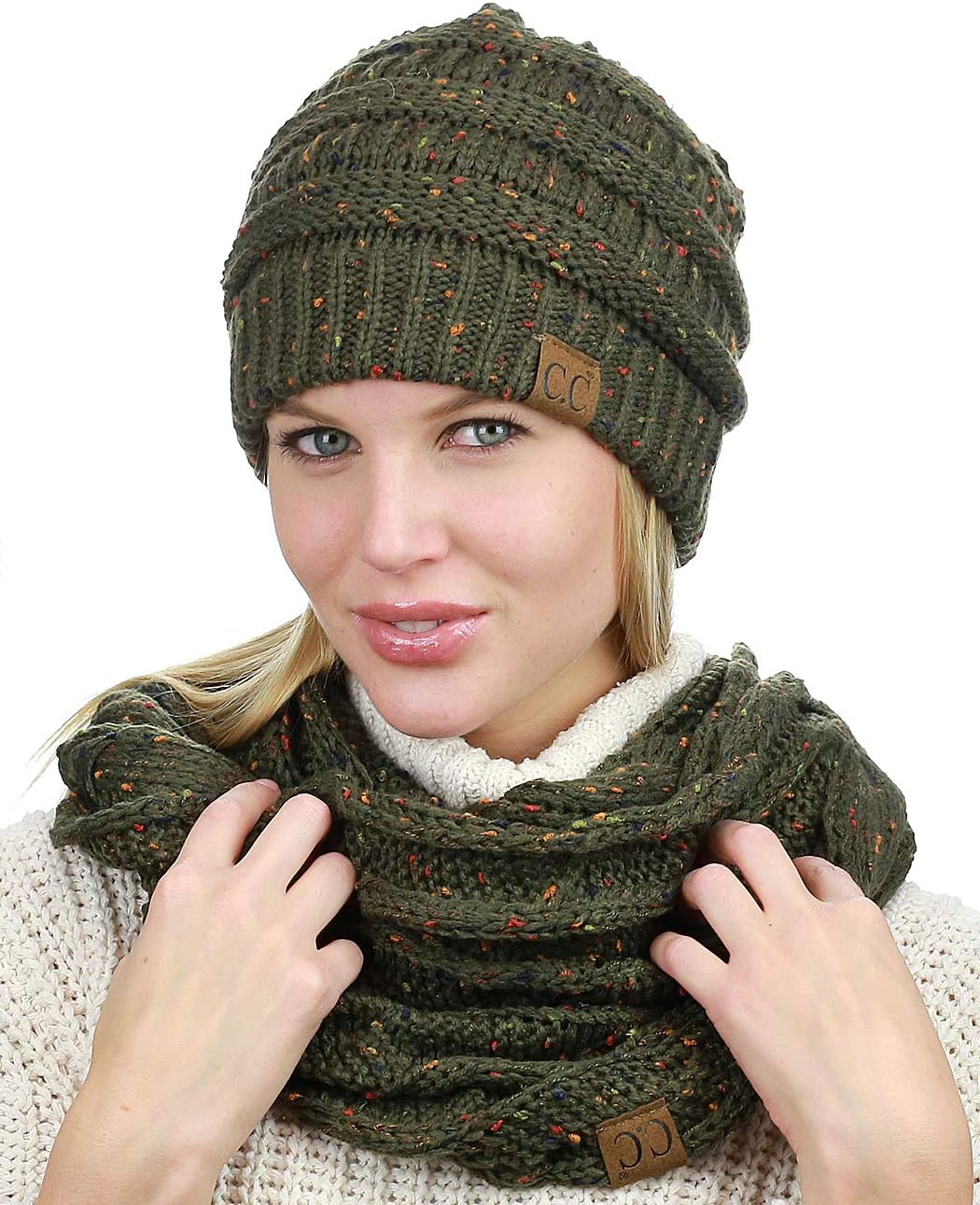 C.C Soft Stretch Colorful Confetti Cable Knit Beanie and Infinity Loop Scarf Set - Image 2