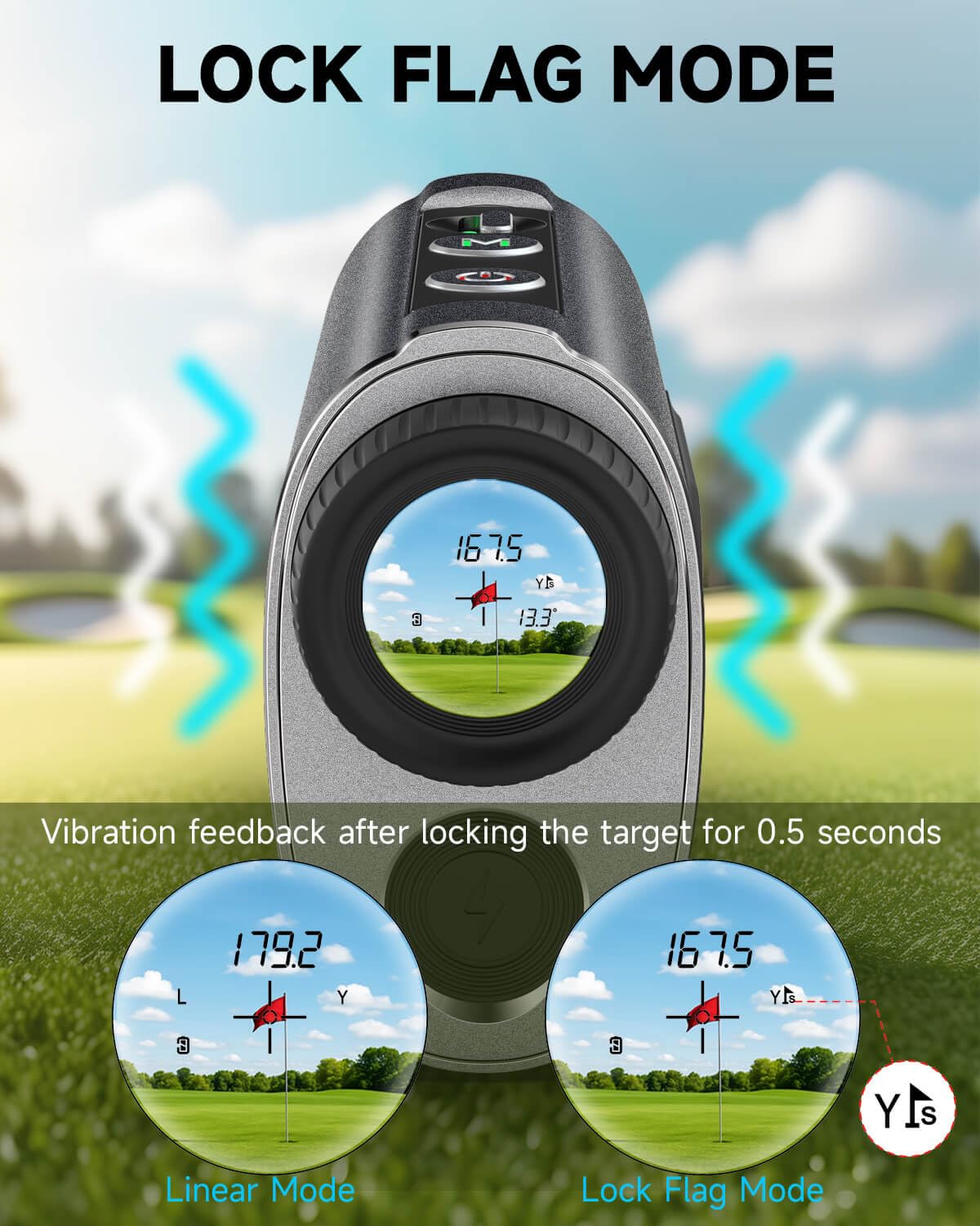 Télémètre laser de golf avec pente, télémètre 1200Y, vibration de verrouillage du mât de drapeau de 0,3 s, grossissement 7x, lentille de transmission de 95 %, verrouillage du drapeau avec vibration