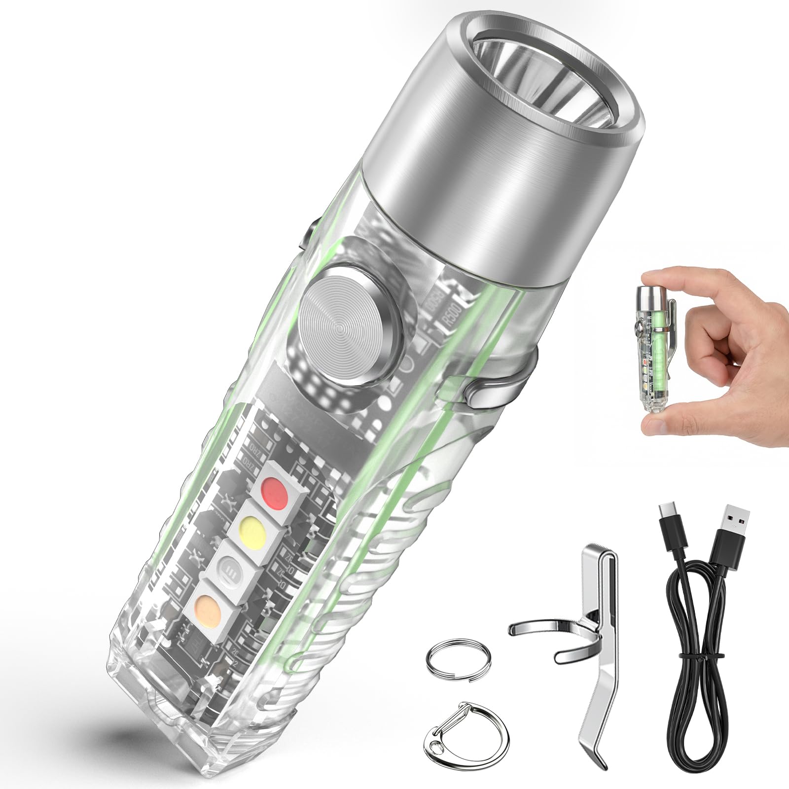 Jeebel Mini Taschenlampe, USB Taschenlampe, Wiederaufladbare LED Schlüsselbund Taschenlampe mit UV/Weiß/Rot/Rot-Blau Seitenlicht, EDC Multifunktional Magnetische USB-Taschenlampe