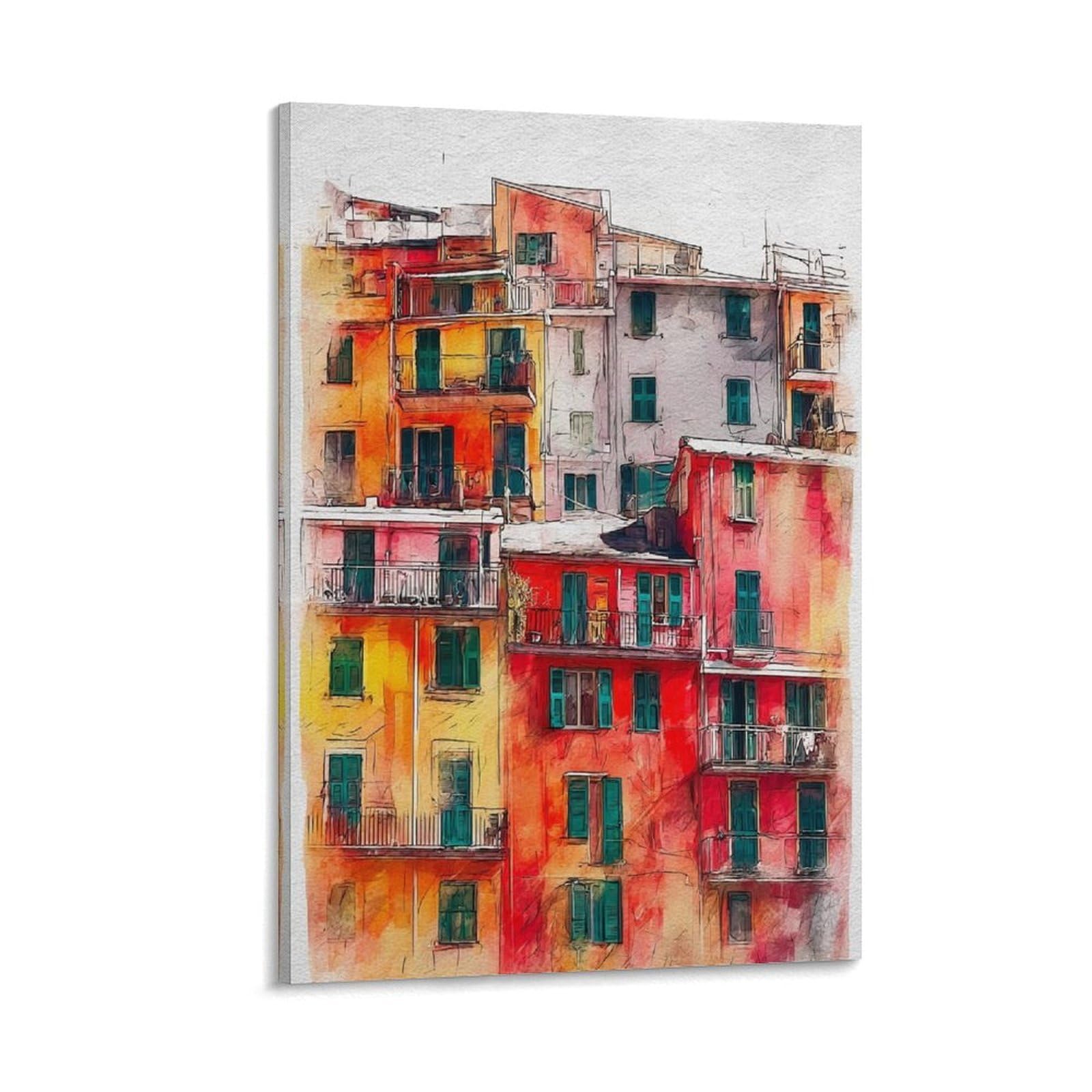 Lcynnh Frame-Style Manarola Italy 08X12inch(20X30cm) Vintage Travel Poster Watercolor Canvas Art