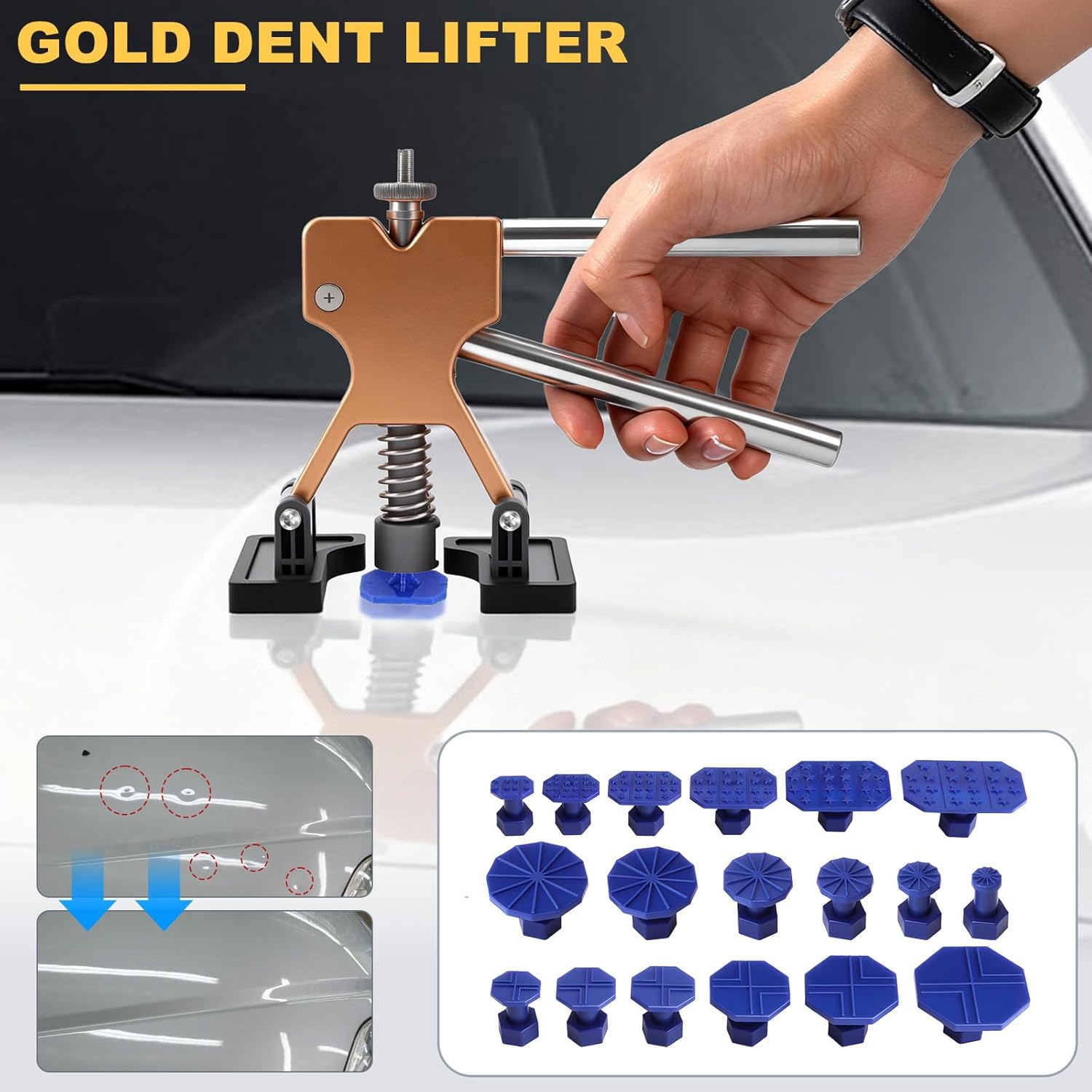 55Pcs Dent Puller Kit Professional Car Paintless Dent Removal Kit with Golden Lifter Bridge Puller Dent Repair Kit Auto Body Dent Remove Hail Damage Repair Kit Body Repair Dent Removal Tools