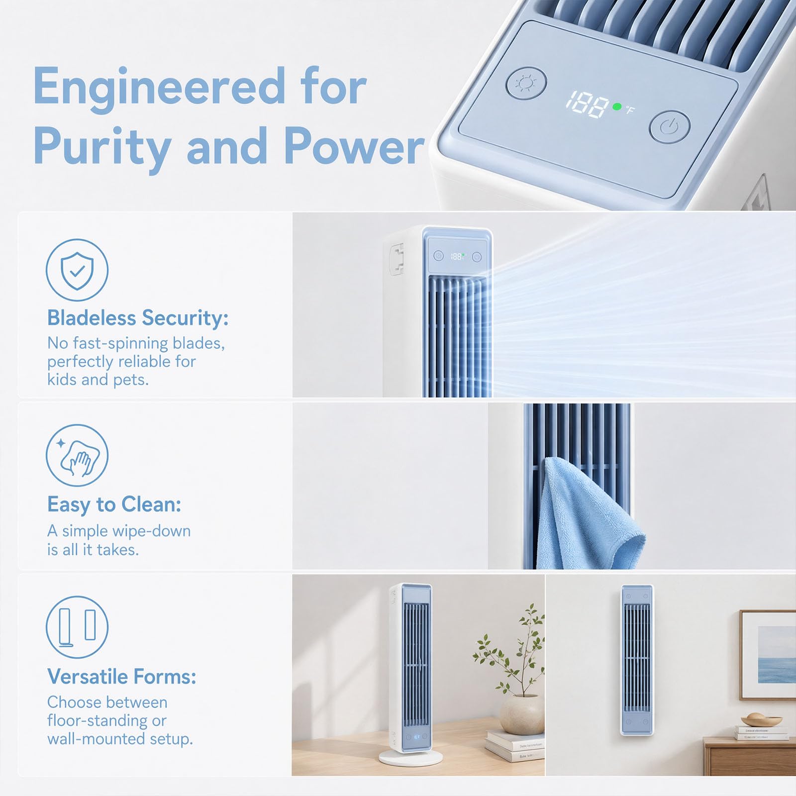 Tragbare Klimaanlage, Mobiler Luftkühler leise mit 3 Geschwindigkeiten, Energieeffizienter Ventilator ohne Flügel, Mini Air Conditioner für Schlafzimmer, Büro und Zuhause, Weiß