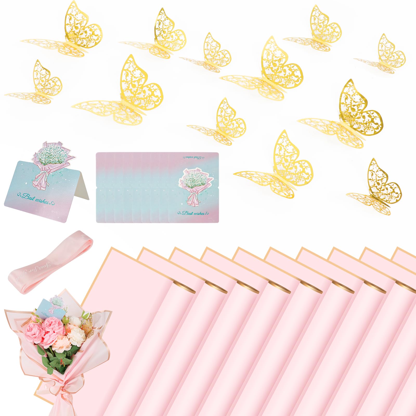 20 Sheets Flower Wrapping Paper Bouquet Wrapping Paper Waterproof with 10 Pcs Greeting cards, 12PCS 3D Gold Butterfly Decor, 50 pearl pins and 24 Yards Satin Ribbon for Wedding DIY Craft Party Pink