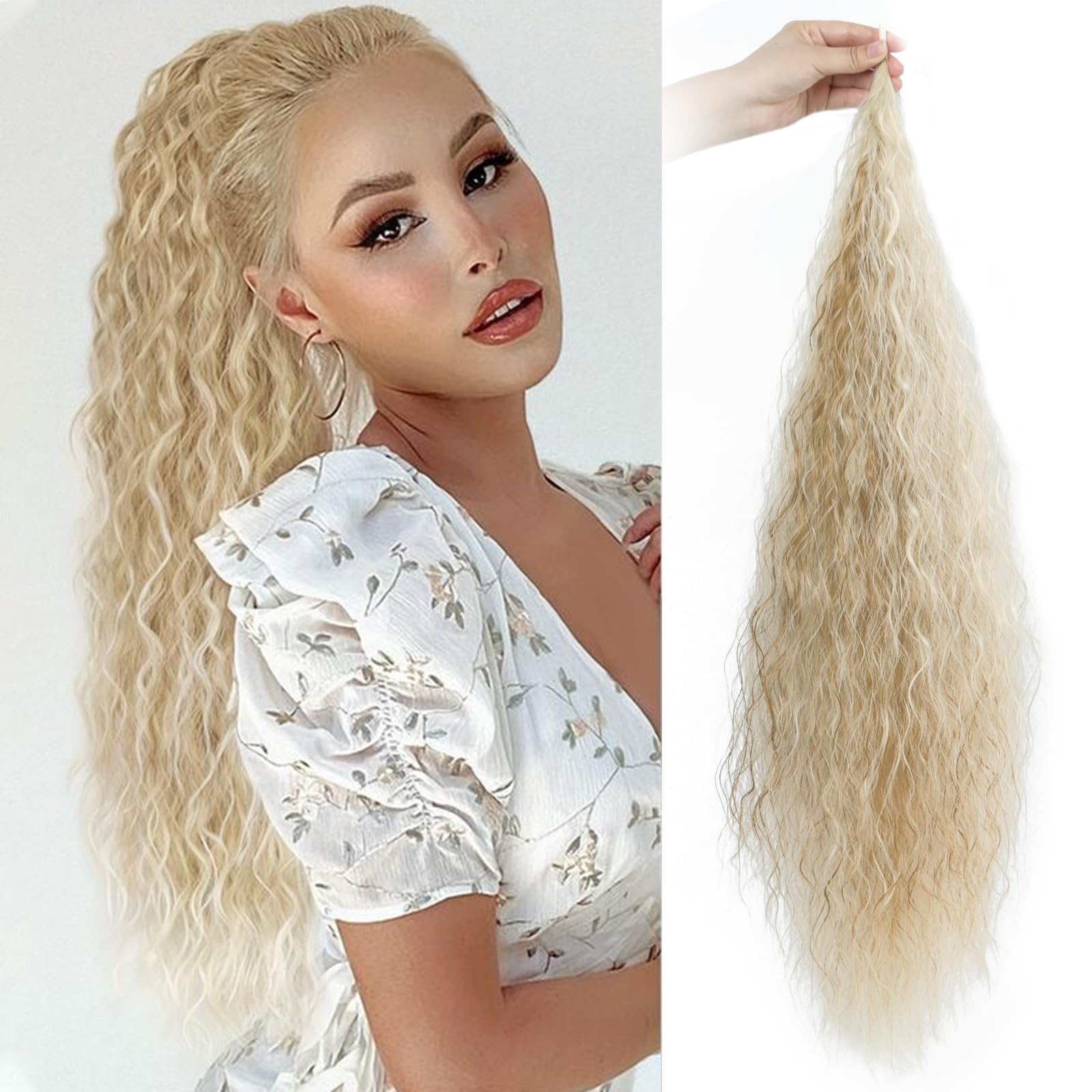 Gx Beauty 32 Inch Flexible Wrap Around Ponytail Extension Long Corn Wave Curly Ponytail Extension Natural pony tail Synthetic Hairpiece for Women（27/
