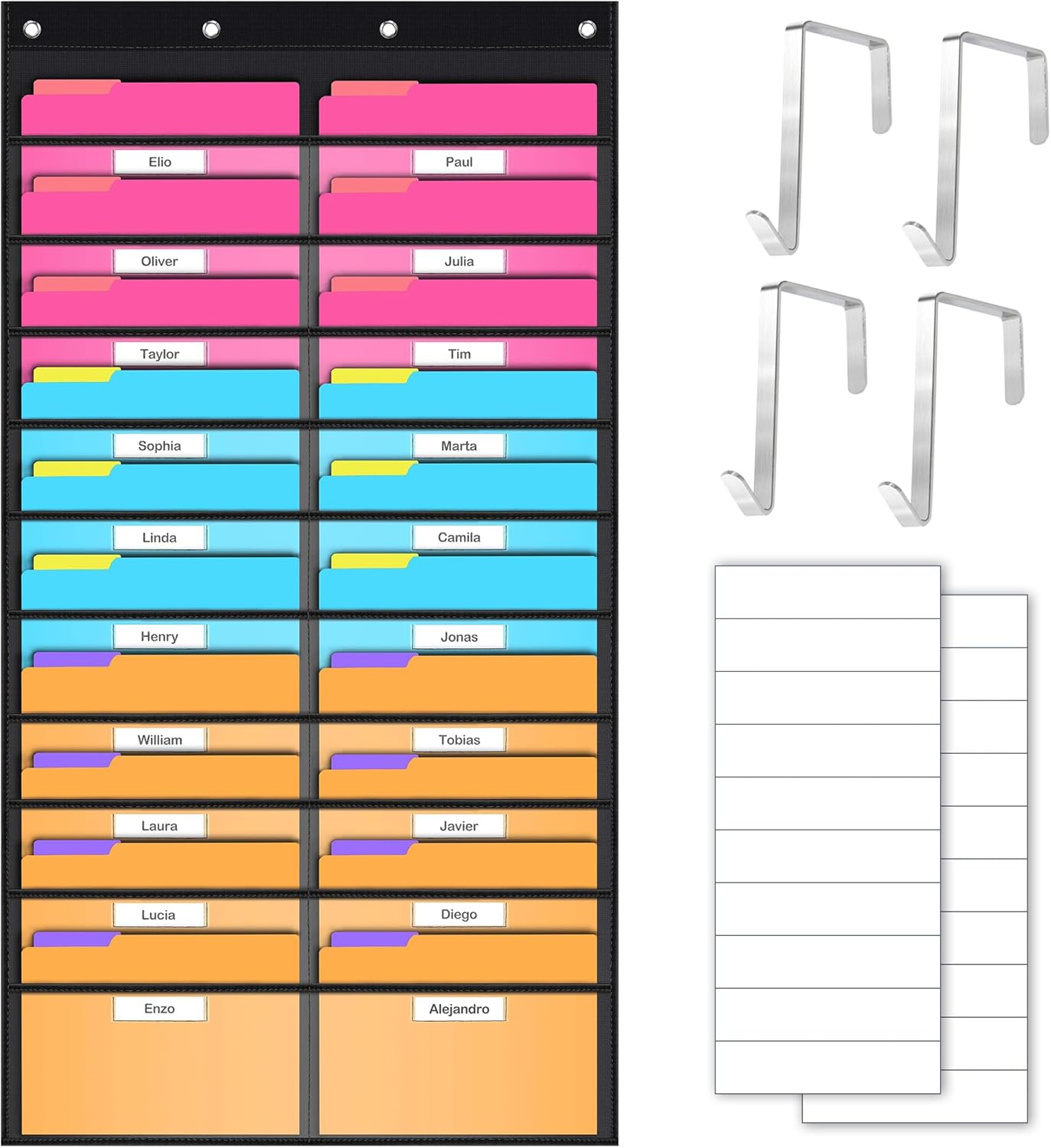 Godery Clear Storage Pocket Chart for Classroom & Office with 20 Nametag Pockets, 4 Overdoor Hangers Included, Hanging Wall File Organizer for File Folders, Assignments, Files, Scrapbook Papers & More