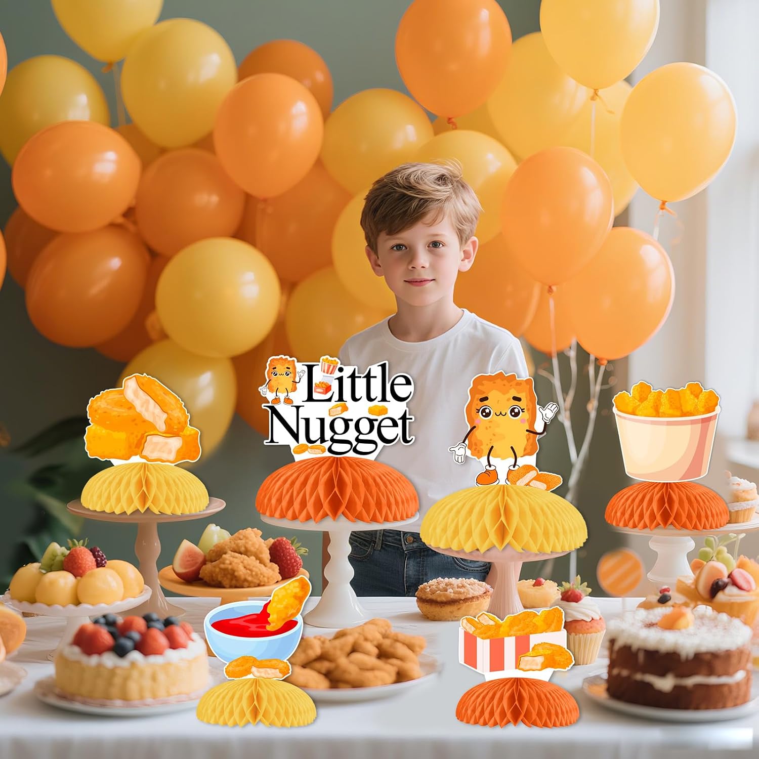 Cheereveal 8pcs Gold Chicken Nugget Party Honeycomb Centerpiece, Little Nugget Theme Table Decorations, Fast Food Fried Chick Theme Birthday Baby Shower Party Supplies