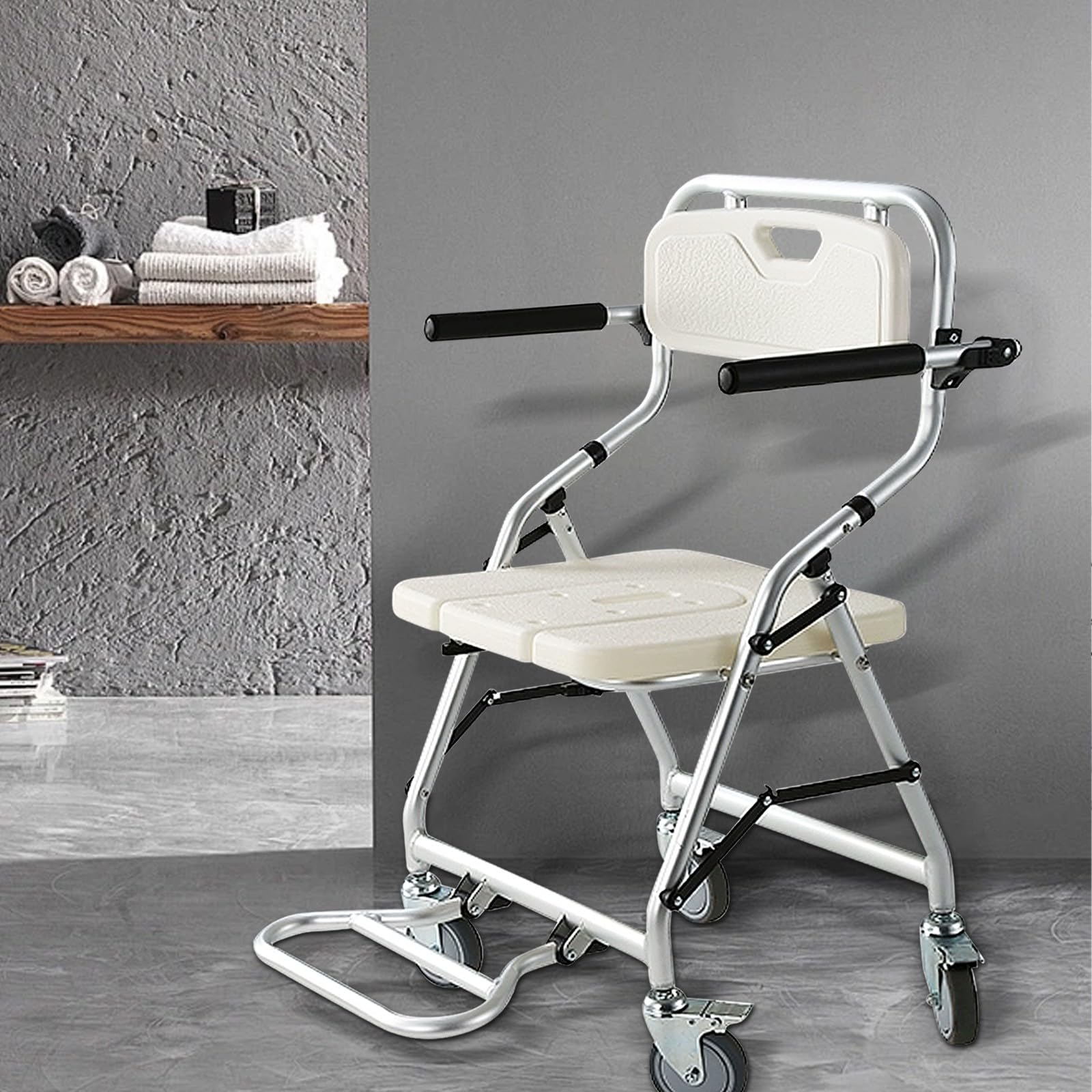 Sedia Doccia Disabili con Ruote, Pieghevole Sedia a Rotelle per la Doccia, Sgabello per Doccia Anziani, Bagno Sedia con Schienale e Braccioli, Robusto e Durevole, Portata 120kg