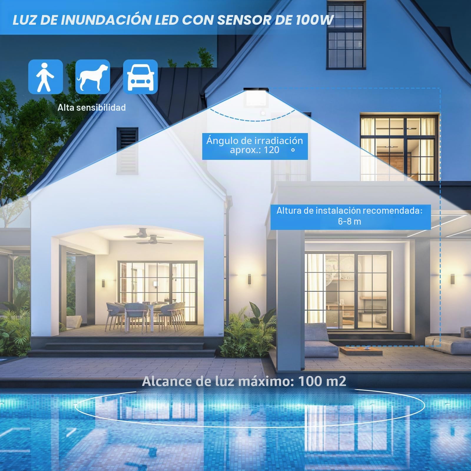 Foco Led Exterior con mando a distancia 100W，Focos Led con Sensor Movimiento, Iluminación de Exterior Seguridad,7000K Blanco Frío, IP67 Impermeable 10000LM, para Patio, Garaje, Entrada